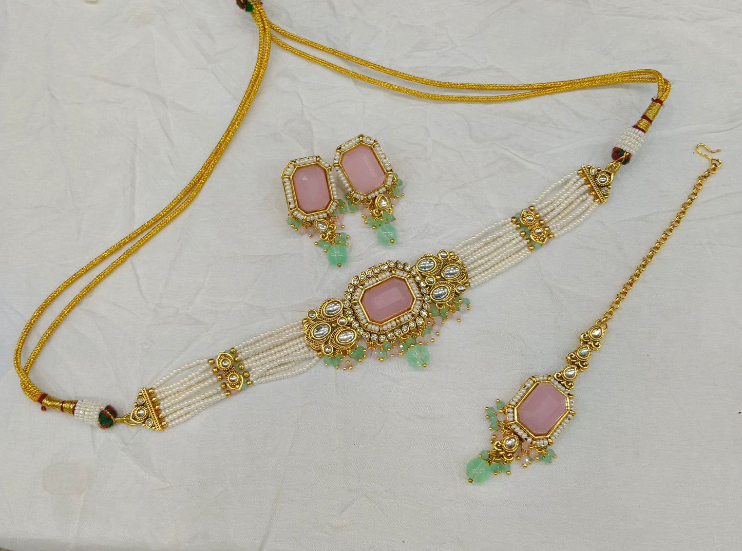 Indian Jewellery Mint Pink Kundan choker Set/ kundan choker Kundan Sama Set
