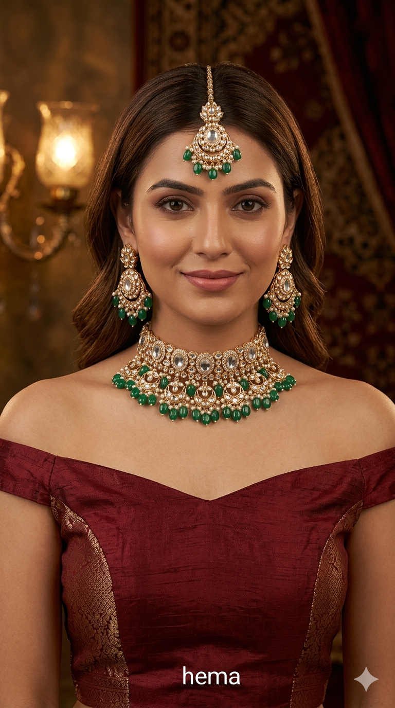 Rose gold choker kundan necklace Set/ Rose green Indian choker hema Jewellery