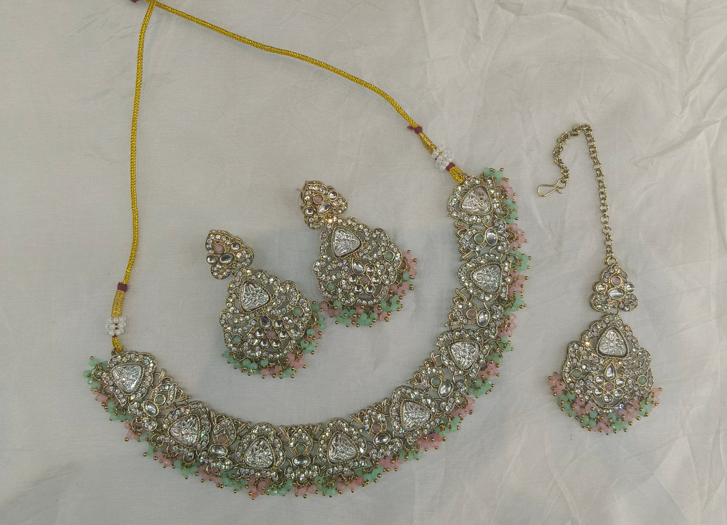 Antique Gold Mint pink Necklace Asami Jewellery Sets
