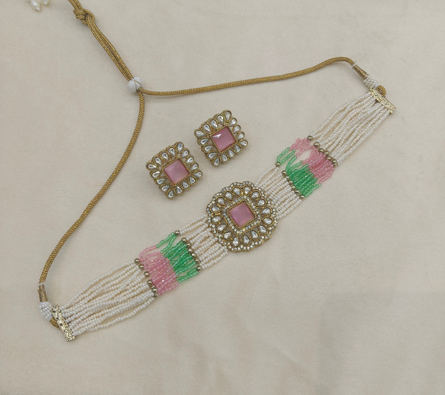 Antique Mint Pink Moissanite kundan choker Indian Jewellery Abby Wedding Set