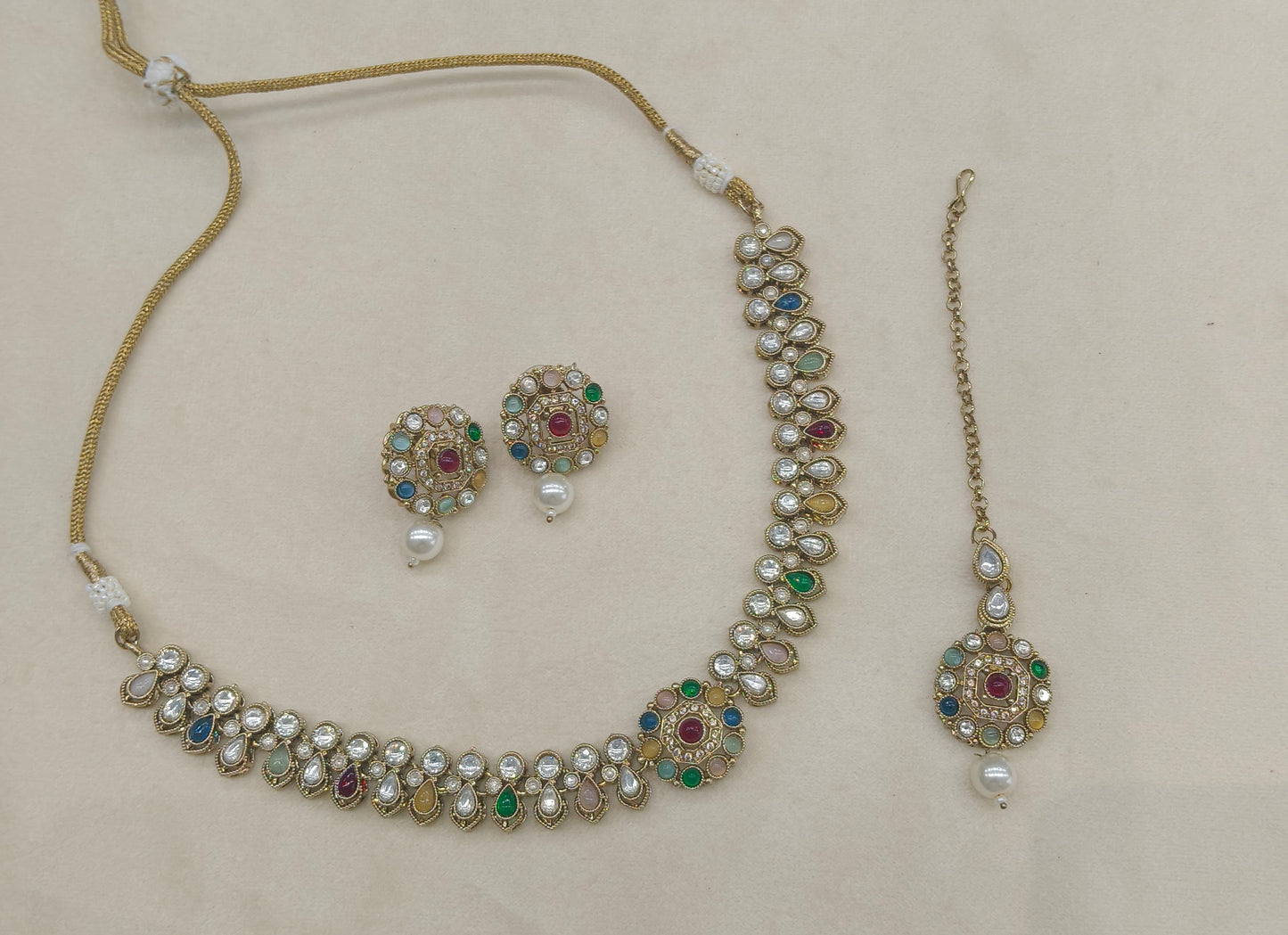 Antique Multicolor Moissanite kundan necklace Indian Jewellery Aya Wedding Sets