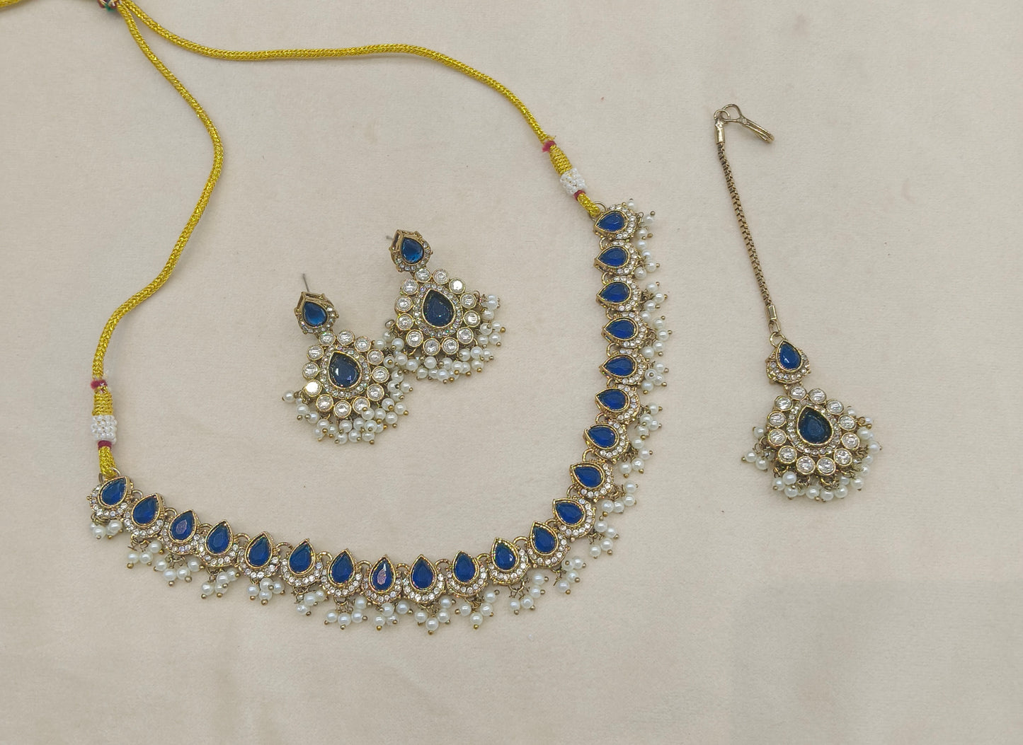 Antique Moissanite Blue kundan necklace Indian Jewellery Semu Wedding Sets