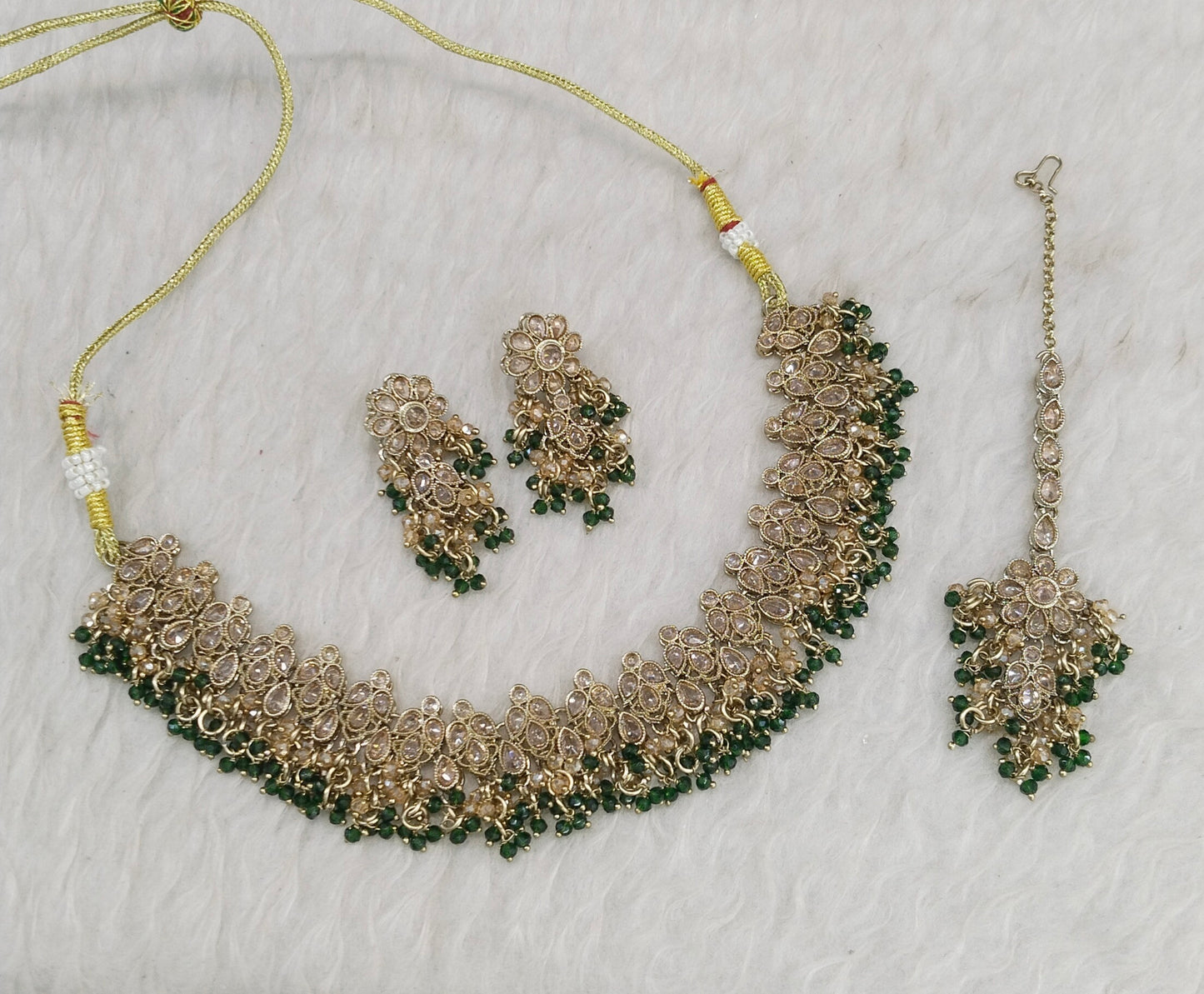 Antique Gold Green Necklace Indian Jewelry Shuba Set