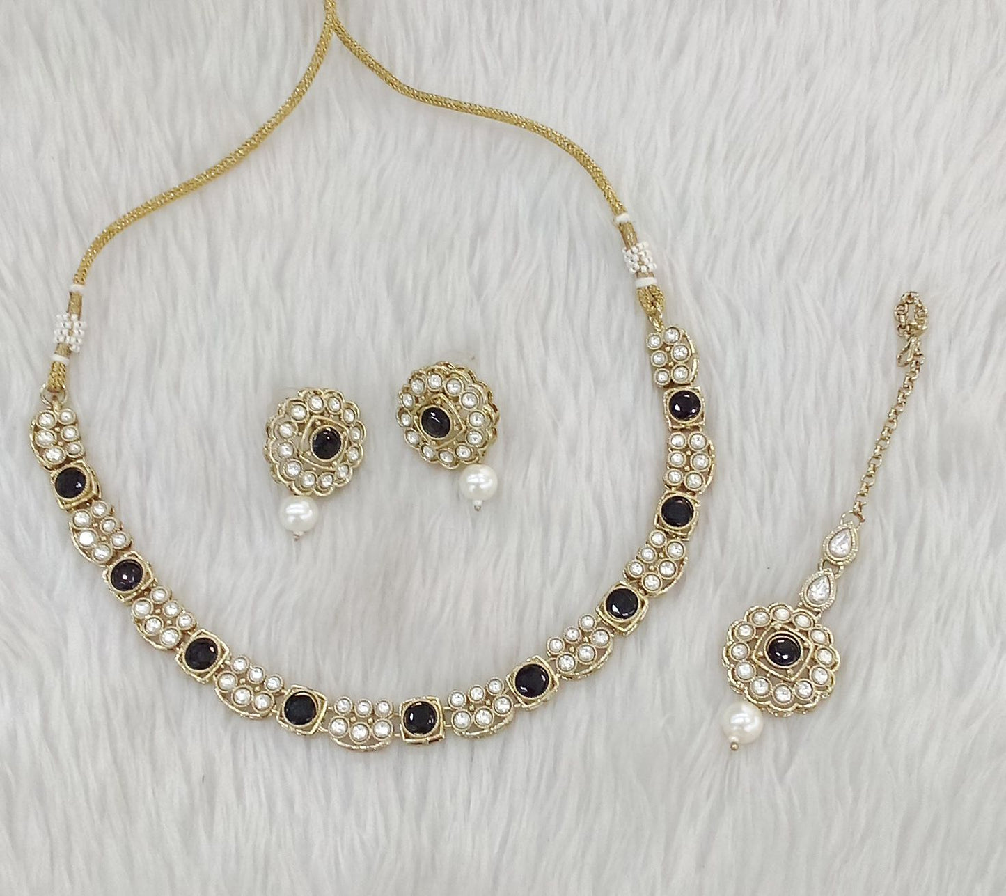 Antique Gold Black Necklace Indian Jewelry Steff Set