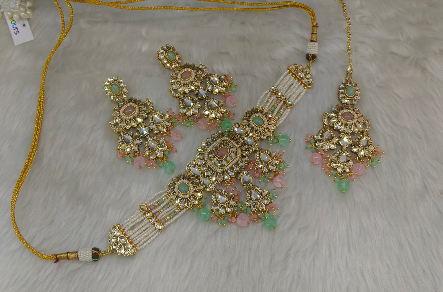 Gold White Kundan Choker Jewellery Kismat Set