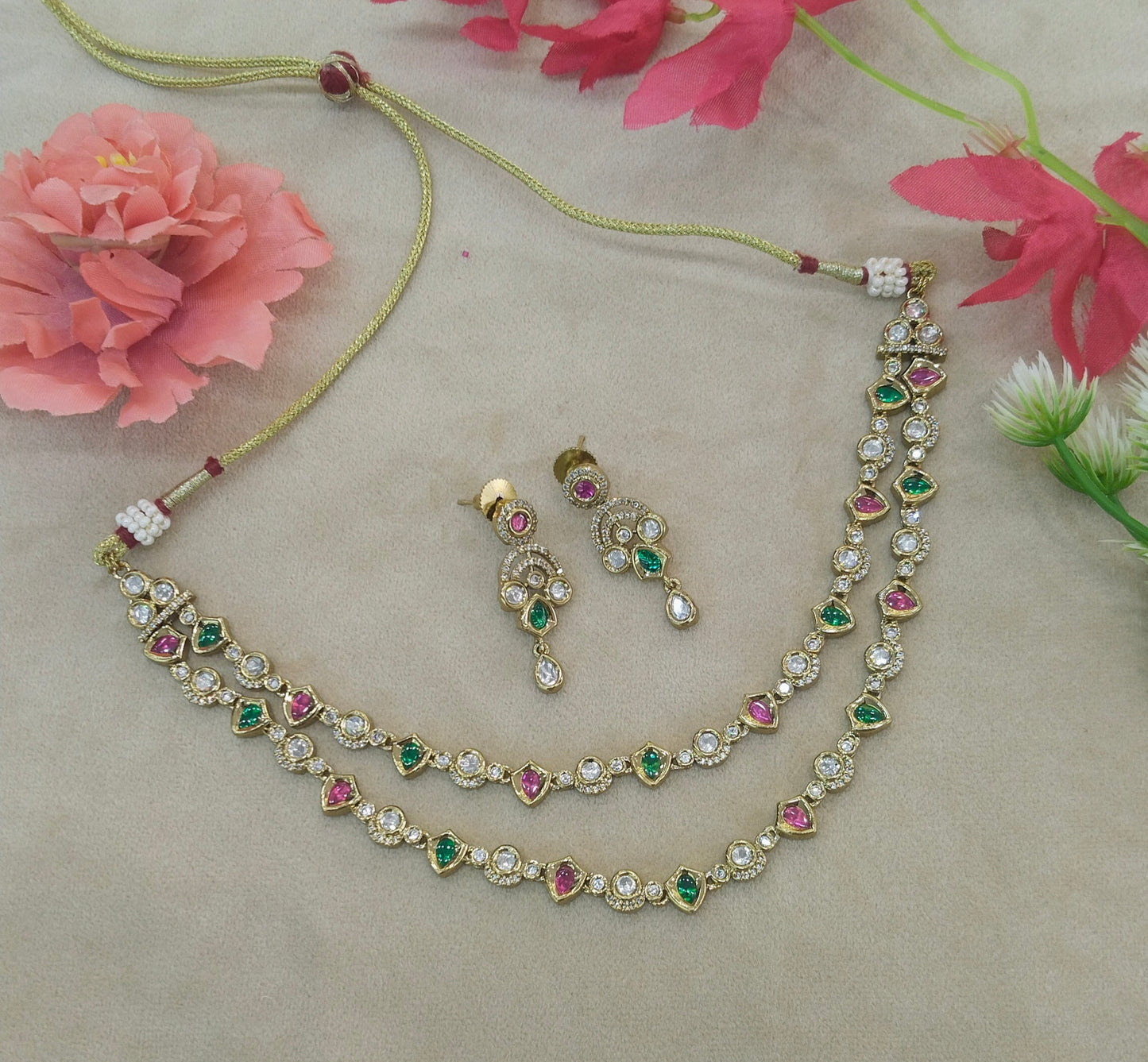 Antique Ruby Green Kundan Necklace Indian Jewelry Juna Set