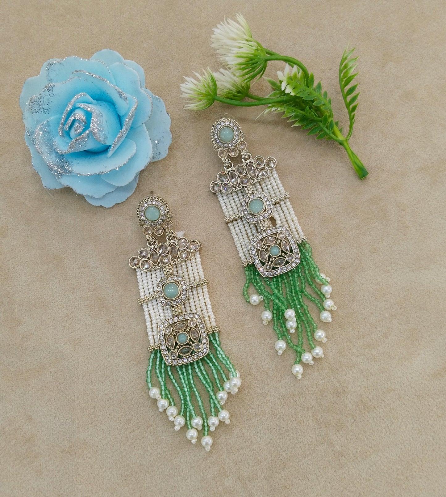 Antique Mint Bollywood Indian Myna Earrings