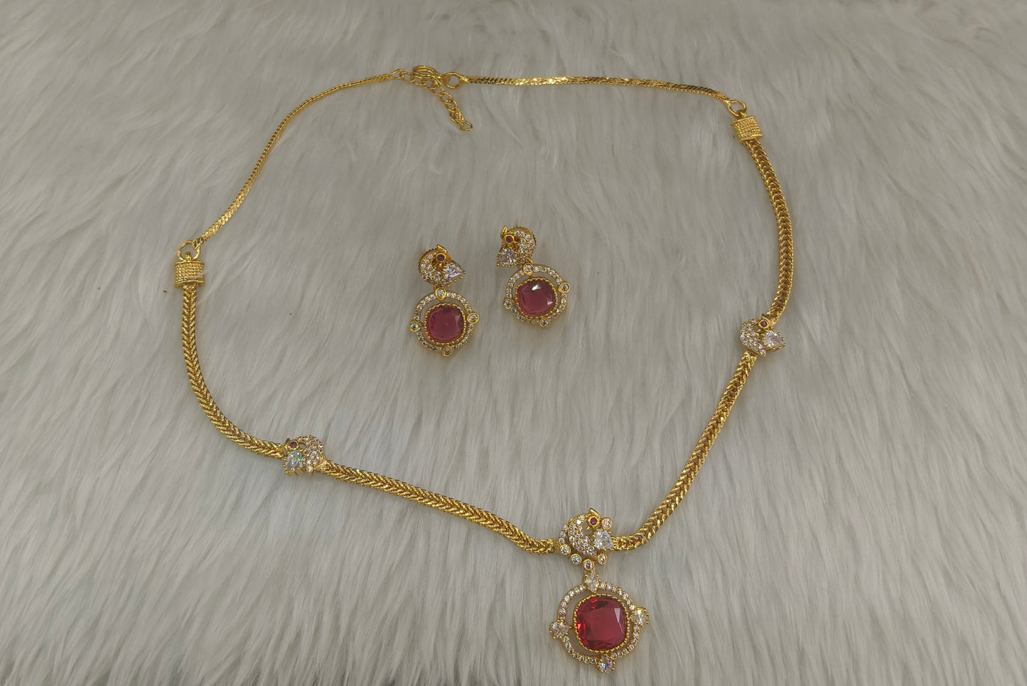 Gold Ruby American Diamond Necklace indian Jewellery Disny Set