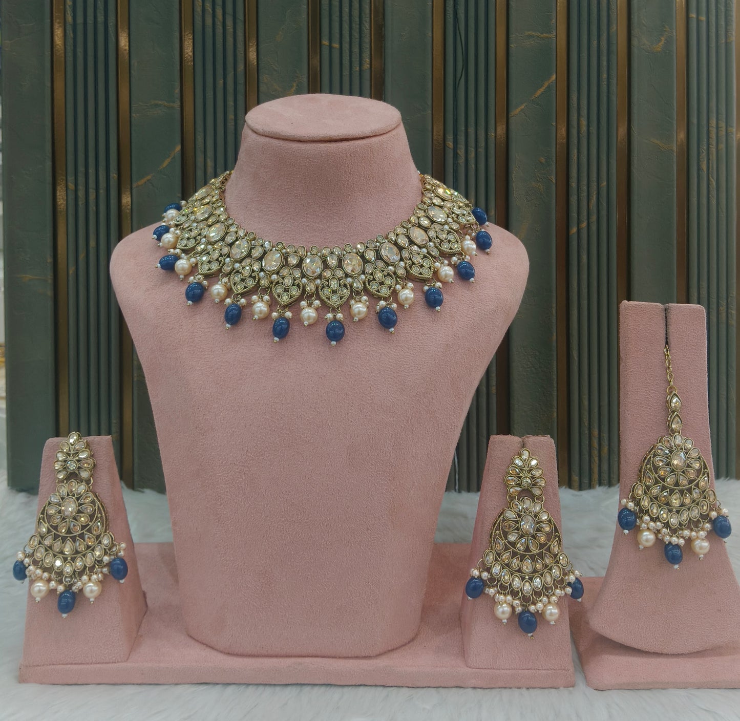 Blue Antique Gold Necklace Indian Jewellery Rasha Set