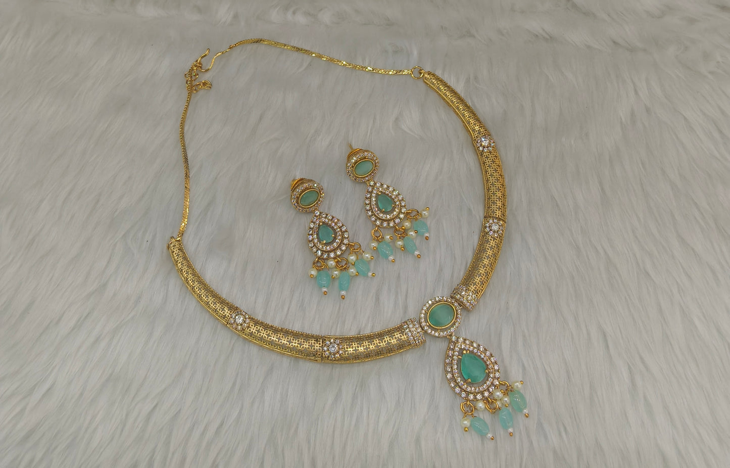 Gold Mint CZ Necklace indian Jewellery Simi Set