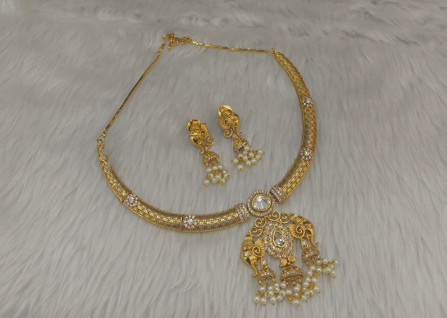 Gold CZ Necklace indian Jewellery Simi Set