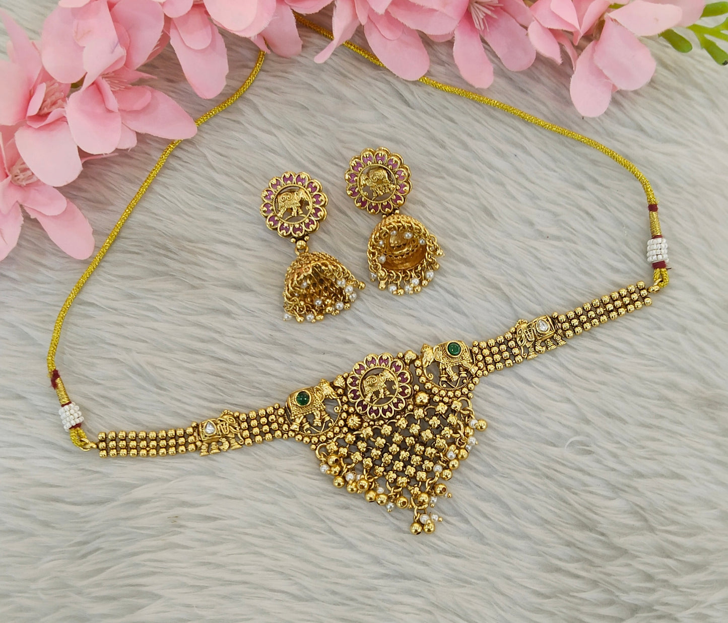 Gold Polki Ruby Green Choker Indian Jewellery Yuka Sets