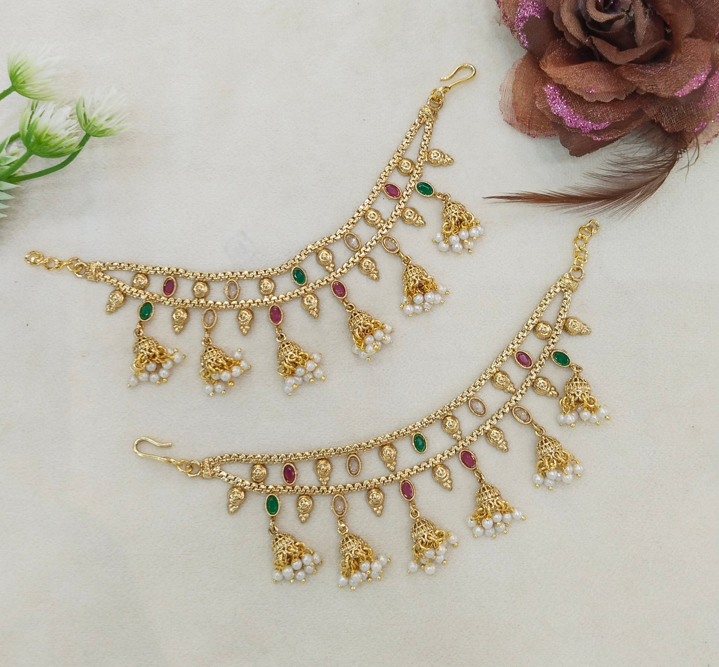 Gold polki Ruby Green Indian sahare earchains