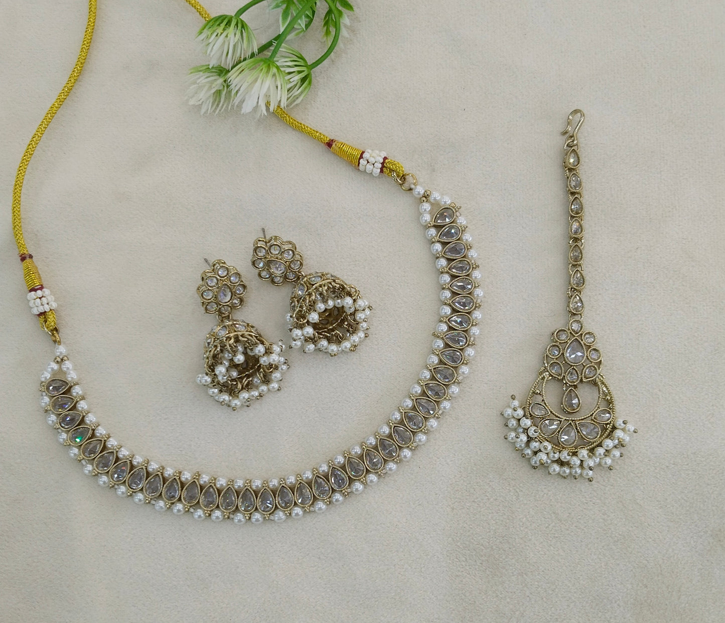 Antique White Necklace Set/ Antique gold Indian Sadie Jewellery