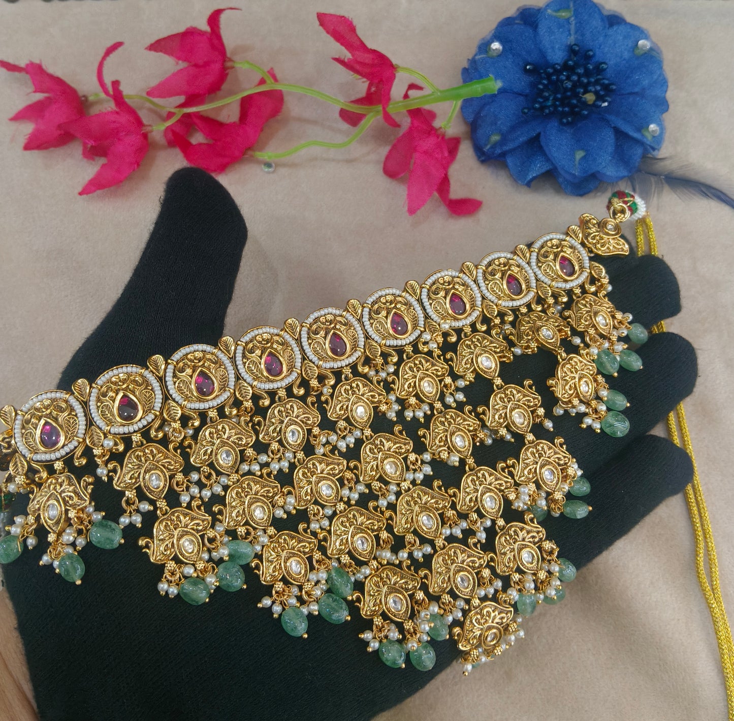 Gold Polki Ruby Sage Green Choker Jewellery Akash Set