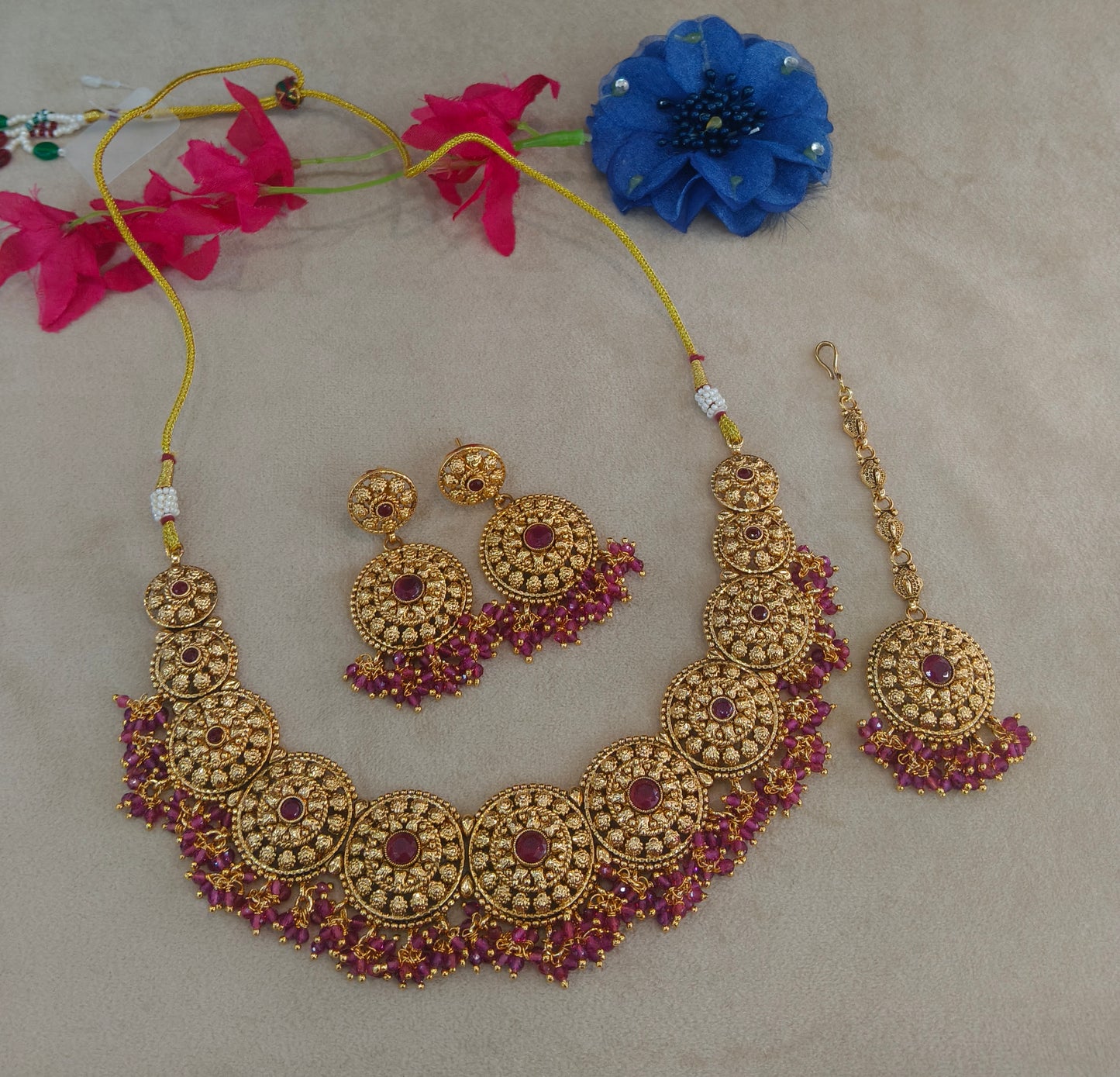 Gold Polki Ruby Necklace Jewellery Veerpal Set