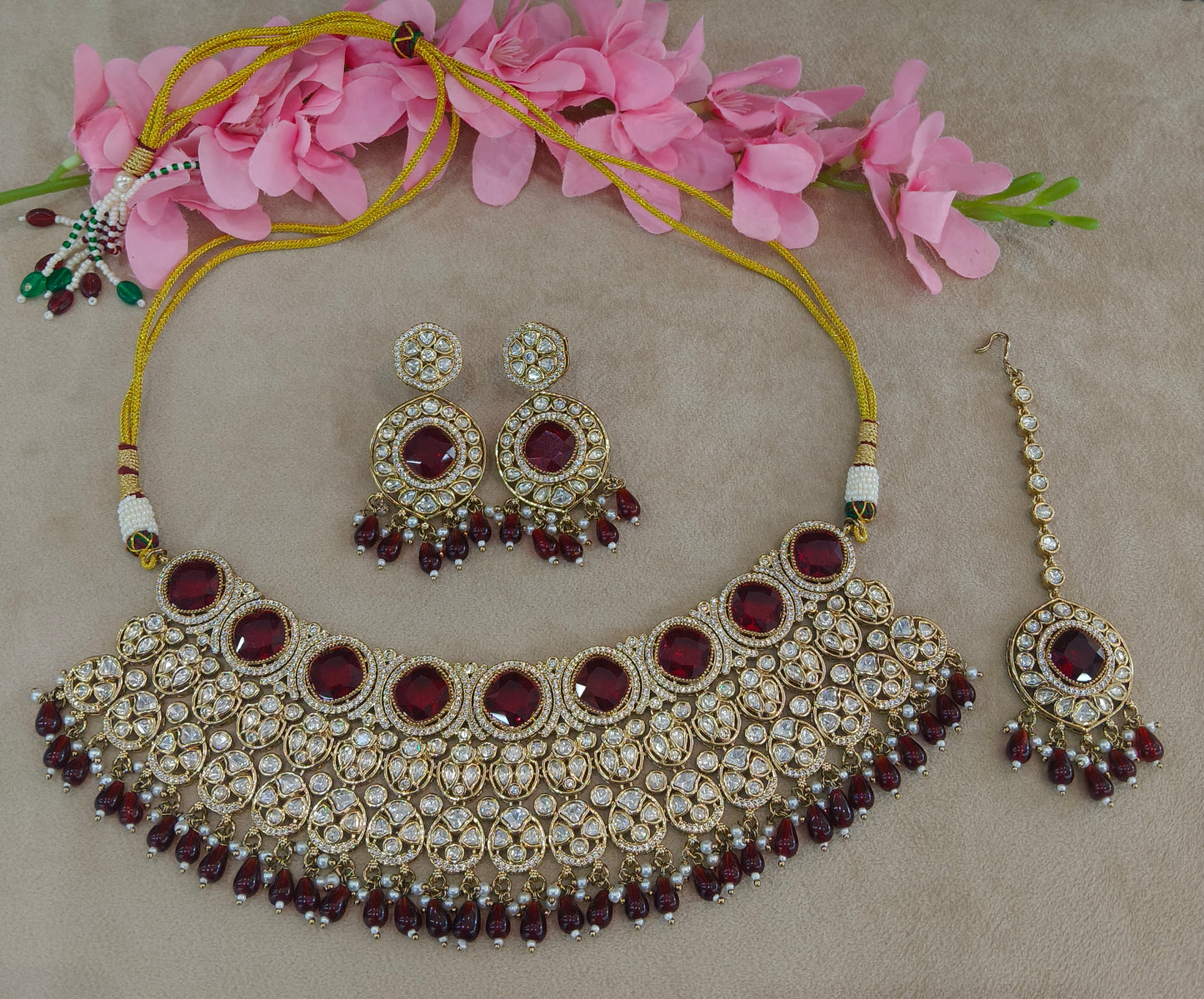 Gold Uncut Maroon kundan necklace Indian Jewellery Param Wedding Sets