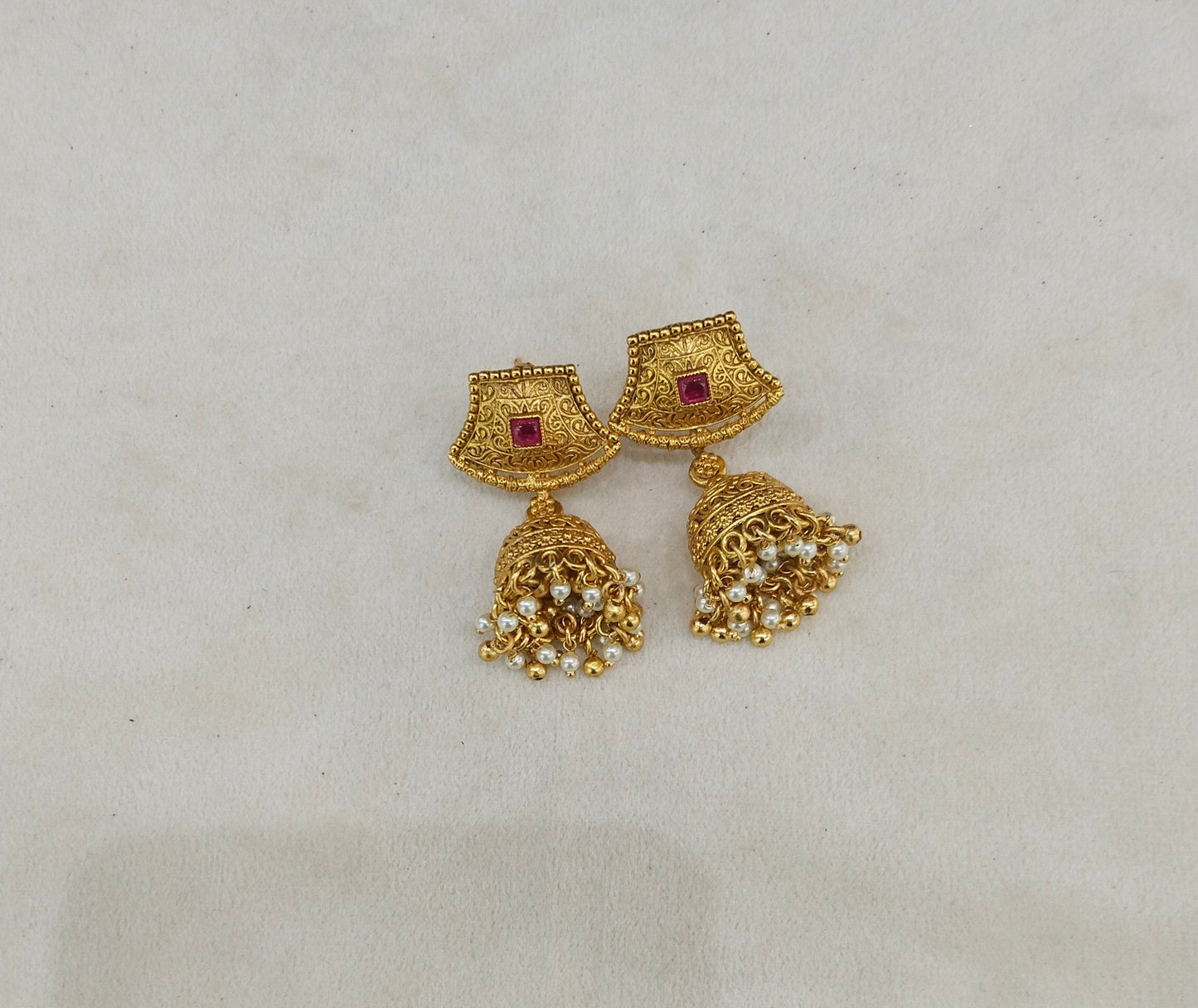 Gold Polki Ruby Jhumki Indian Dilnoor Bollywood Earrings