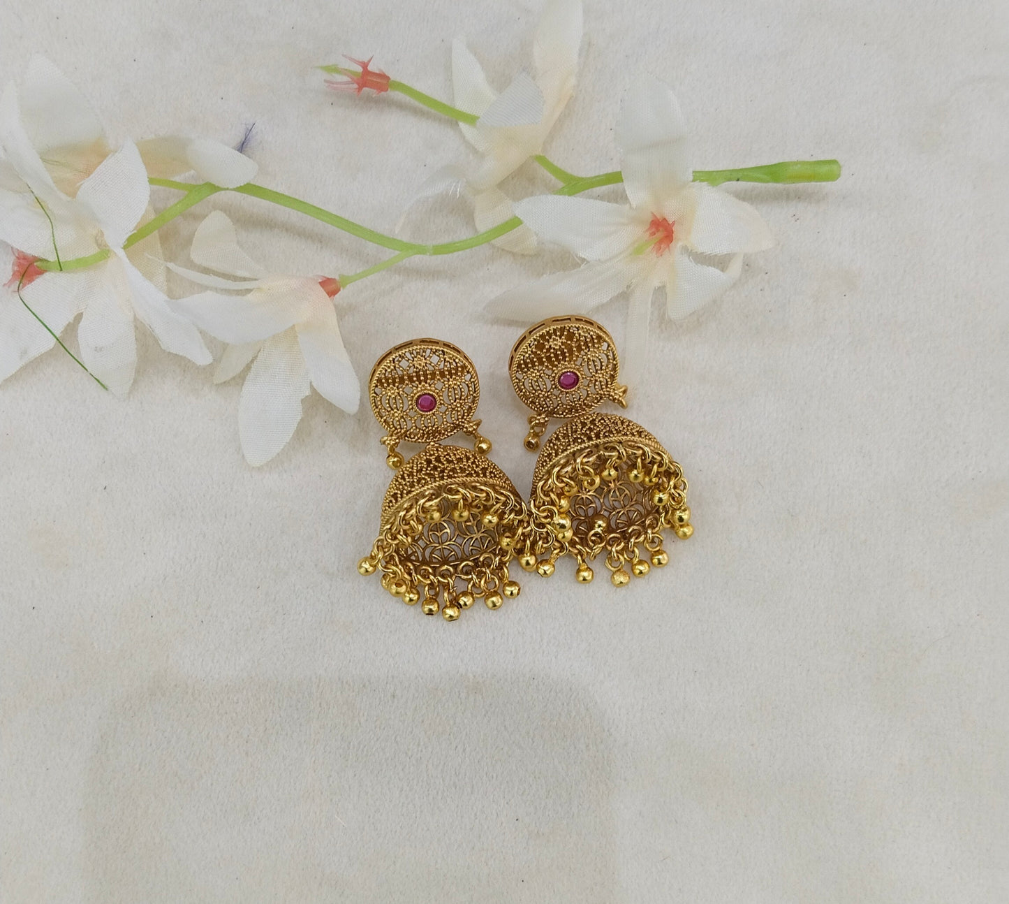 Gold Polki Ruby Jhumki Indian Dilnoor Bollywood Earrings