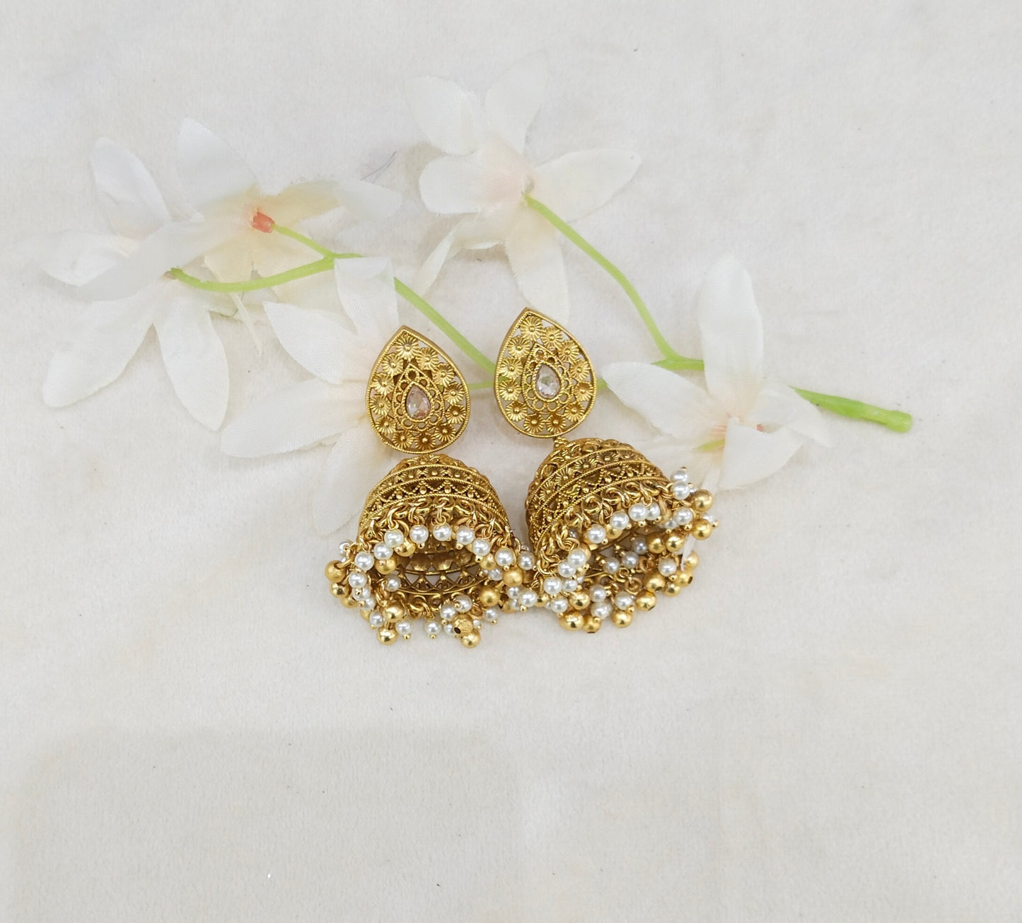 Gold White Jhumki Indian Dilnoor Bollywood Earrings