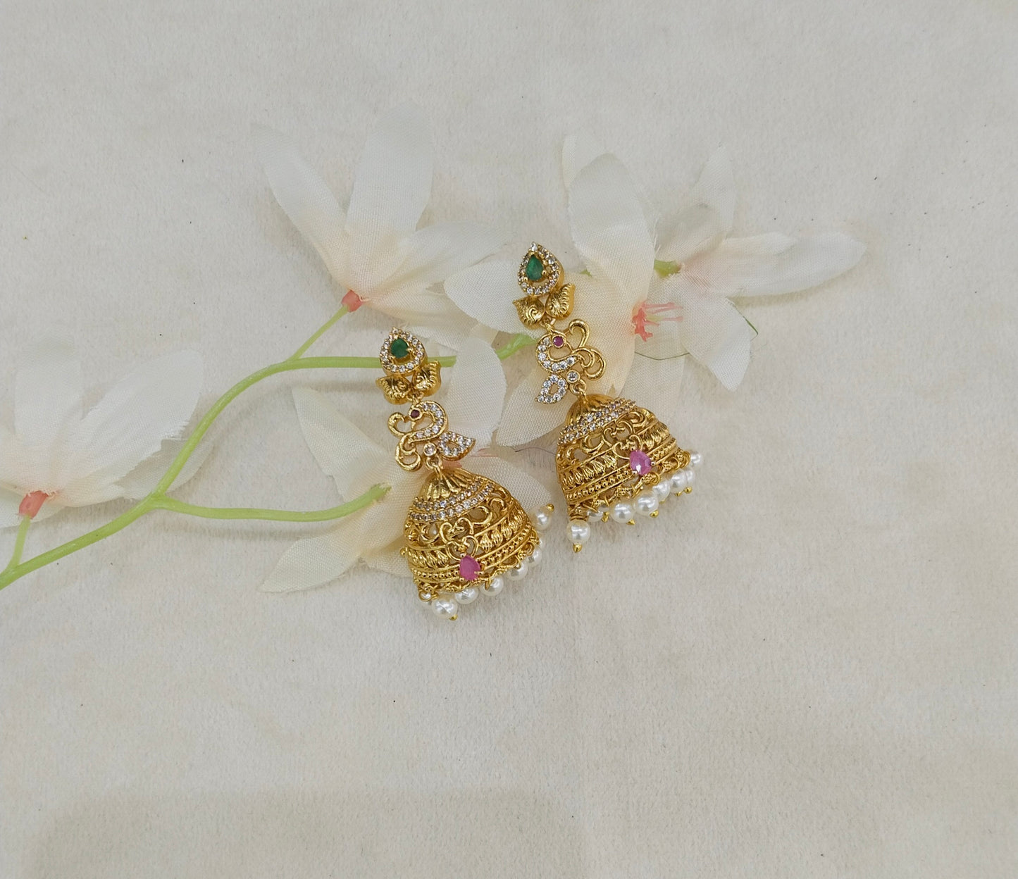 Gold Ruby Green Jhumki Indian Navneet Bollywood Earrings
