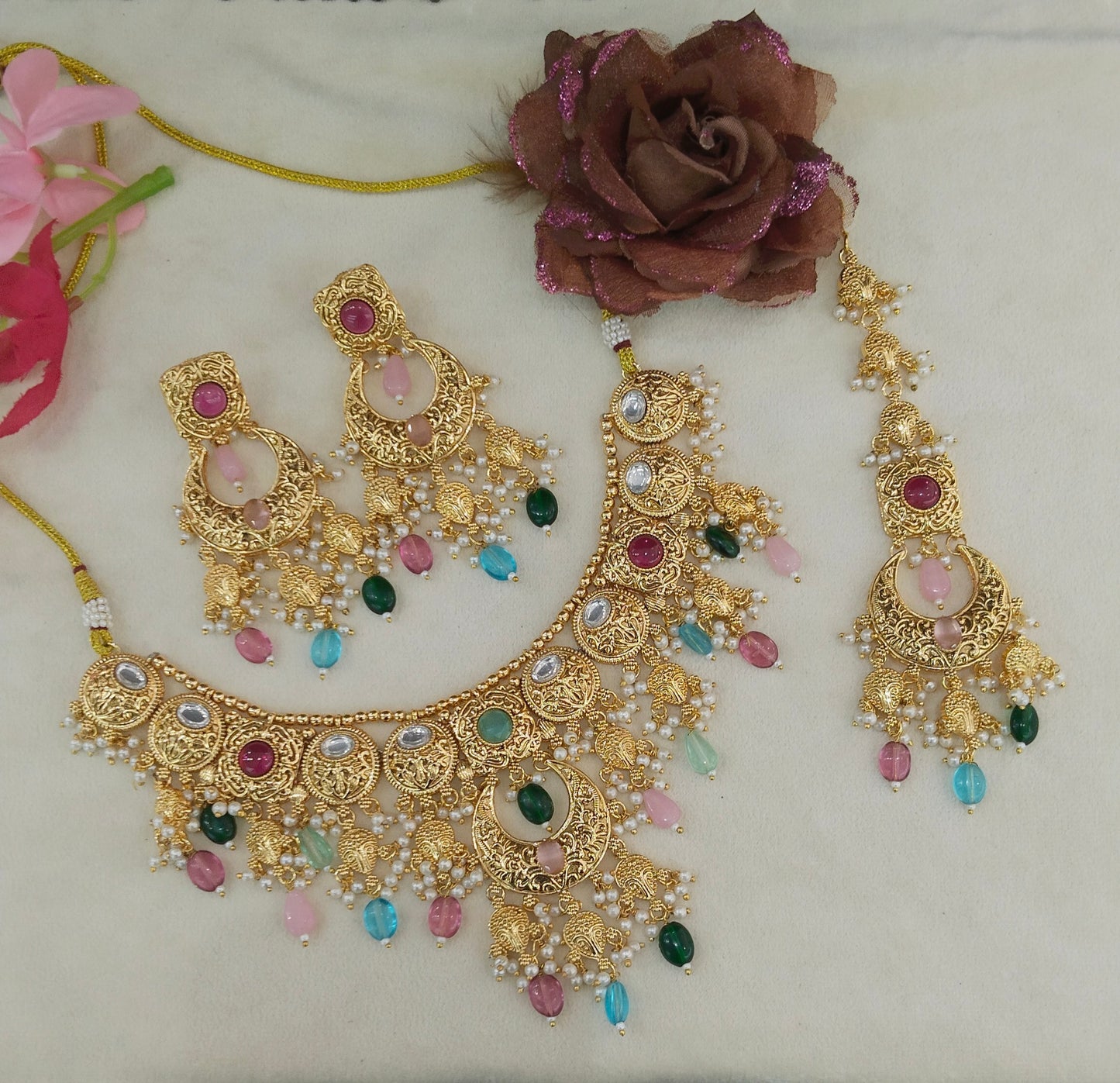 Gold Polki Multi Color Necklace Jewellery Jain Set