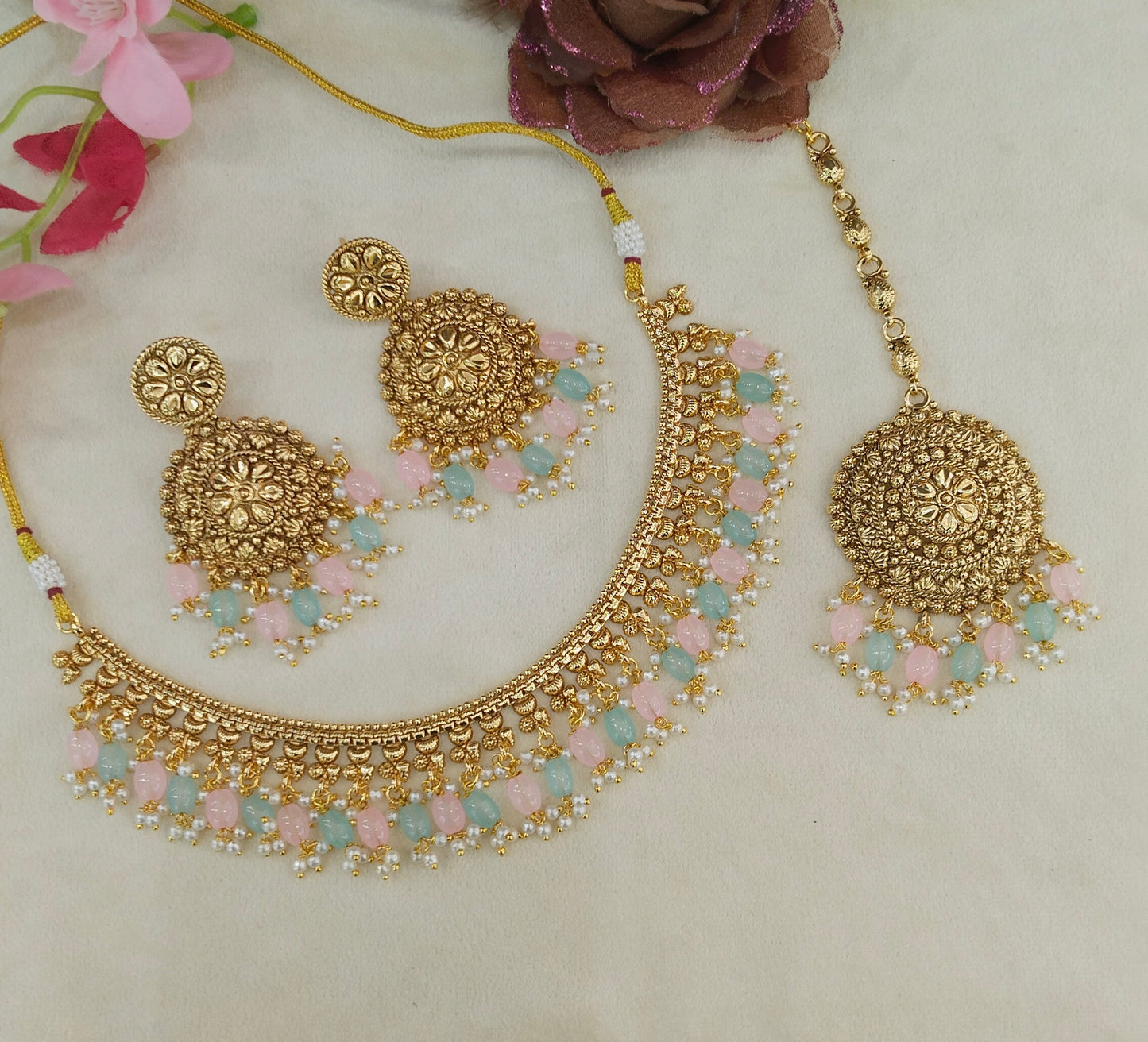 Mint Pink Polki Punjabi Indian Nacklace Birpal set
