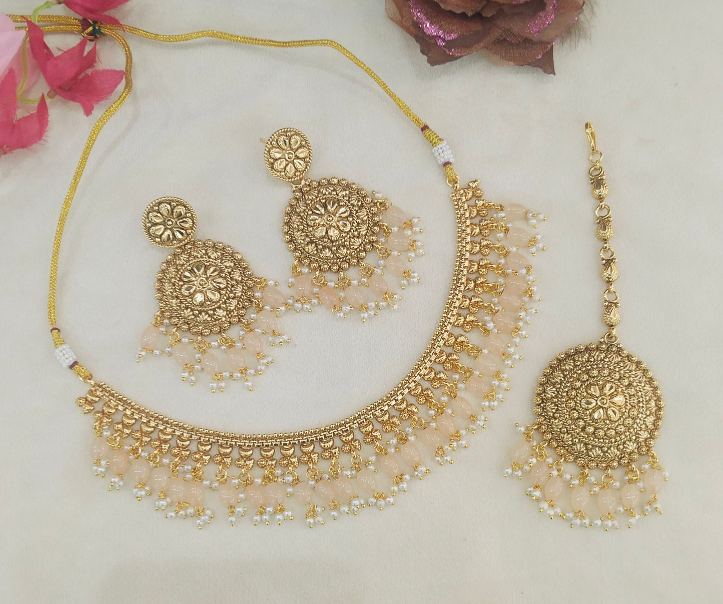 Peach Polki Punjabi Indian Nacklace Birpal set