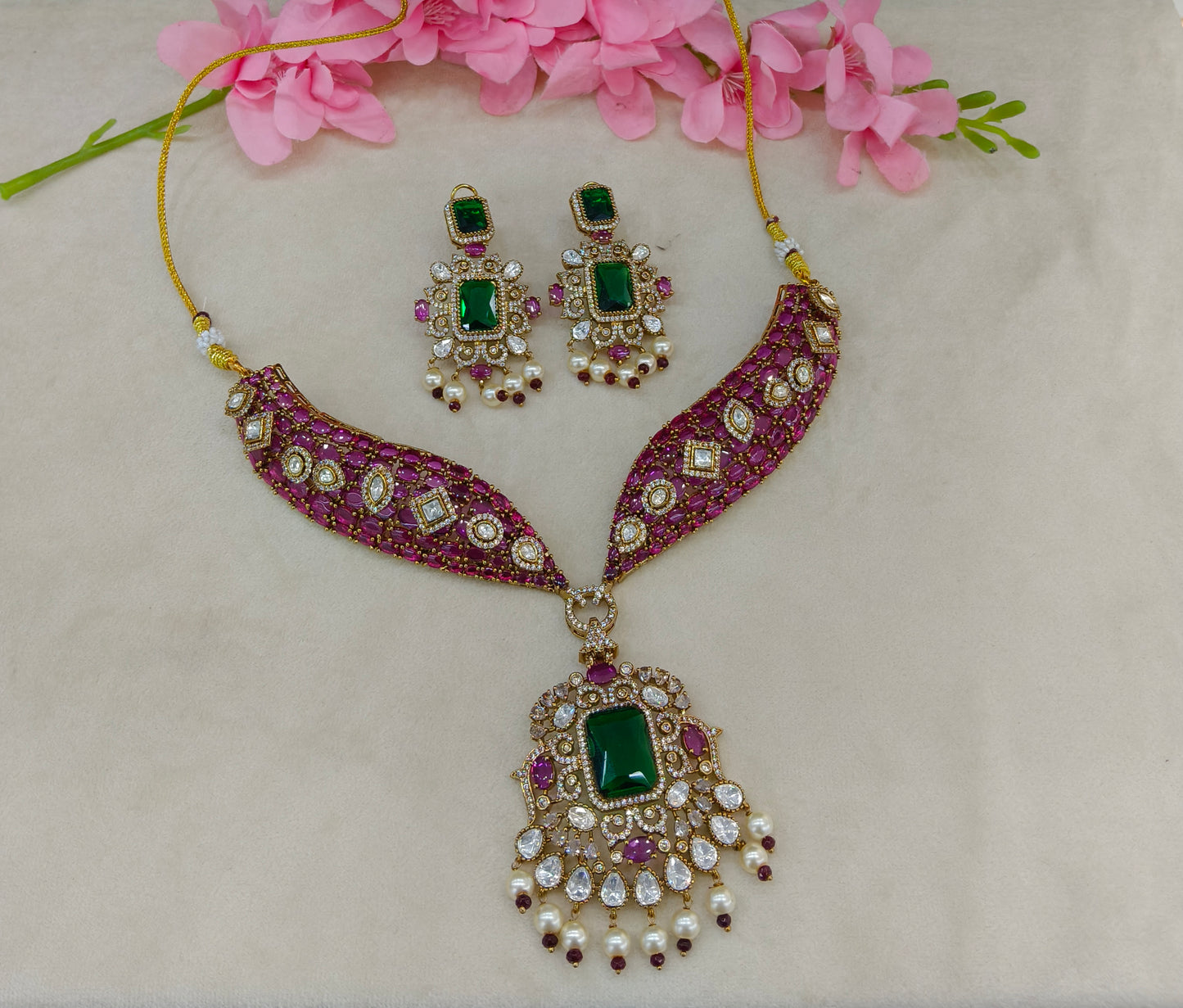 Antique Gold Ruby Green Moissanite Kundan CZ Necklace Indian Jewellery Pvita Set