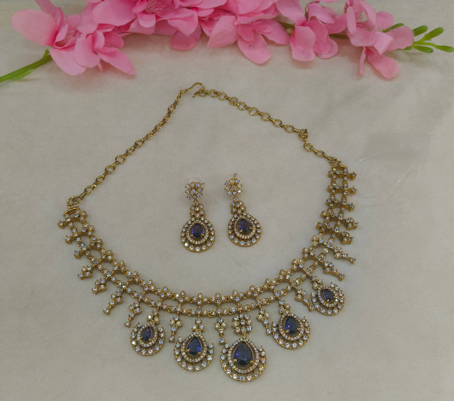 Antique Gold Purple CZ Necklace Indian Jewellery Pvita Set