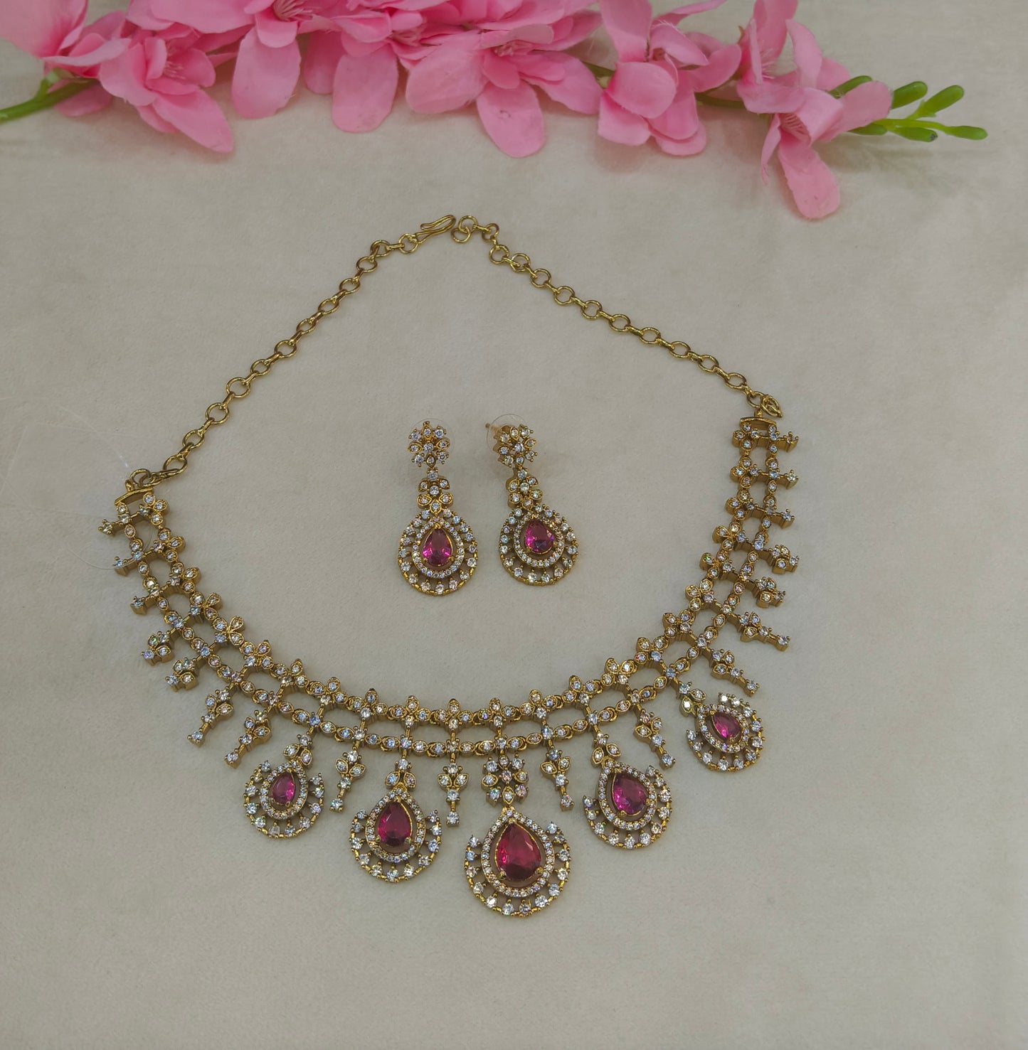 Antique Gold Ruby CZ Necklace Indian Jewellery Pvita Set