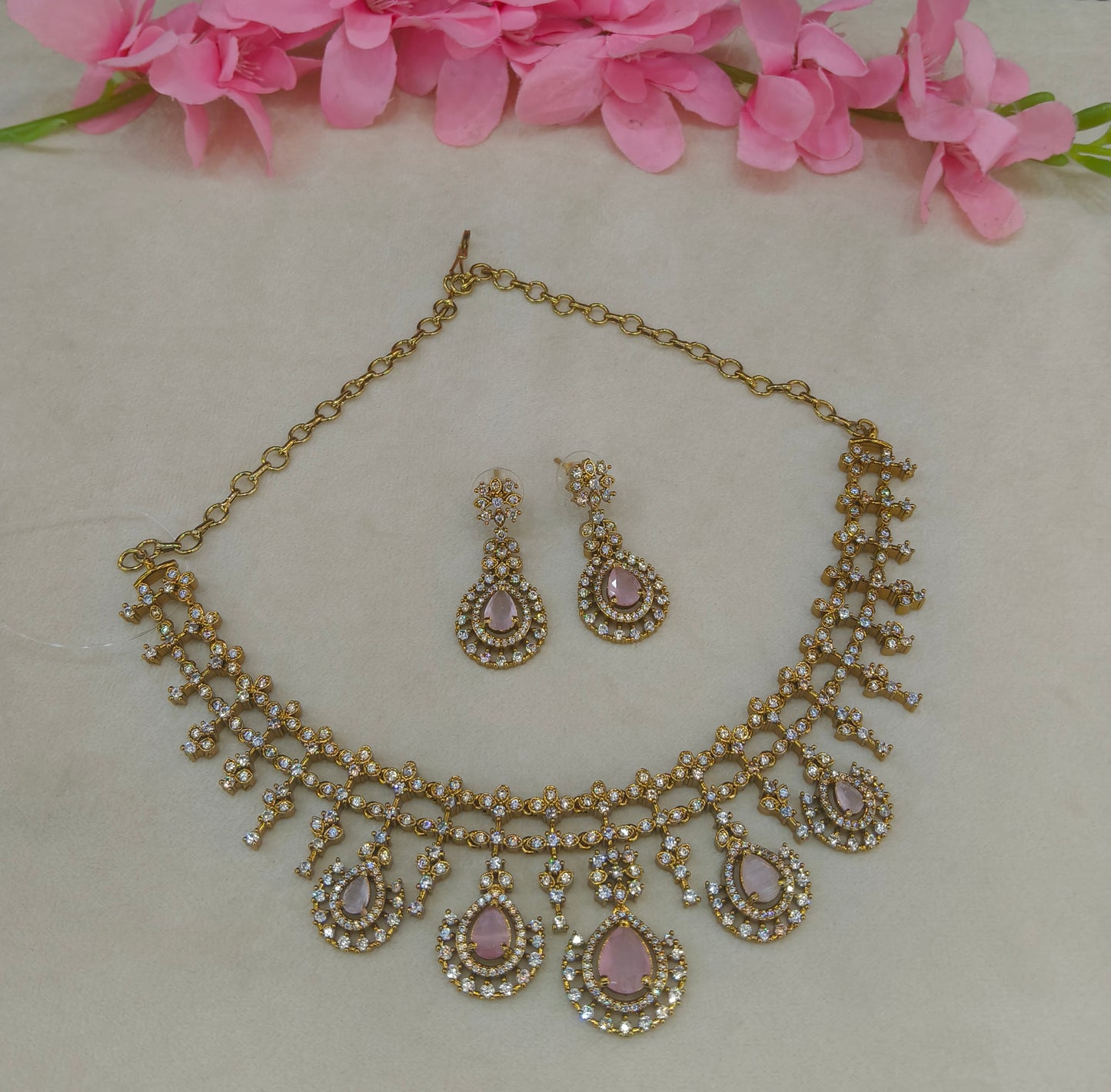 Antique Gold Pink CZ Necklace Indian Jewellery Pvita Set