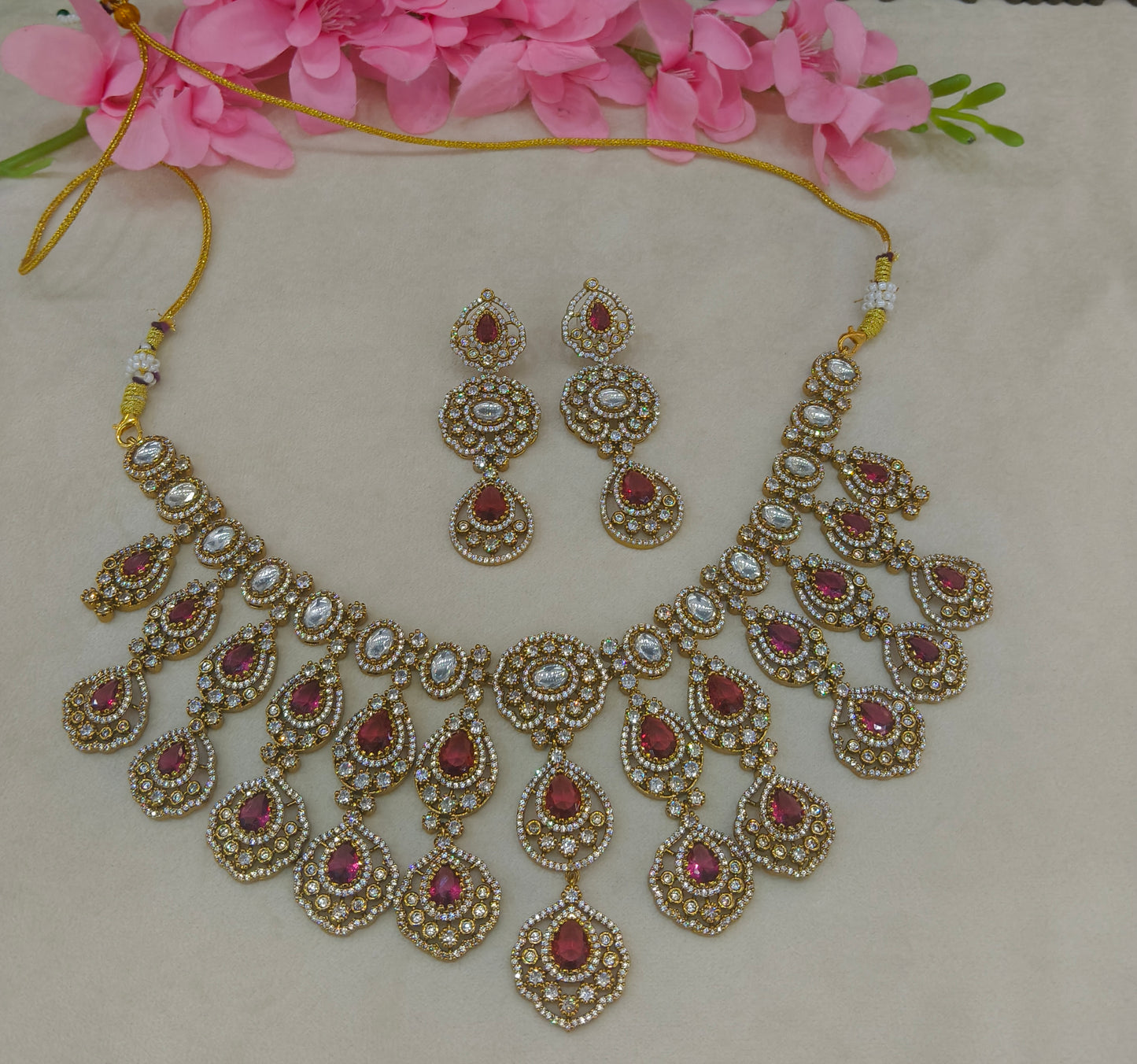 Antique Gold Ruby Moissanite Kundan CZ Necklace Indian Jewellery Pvita Set
