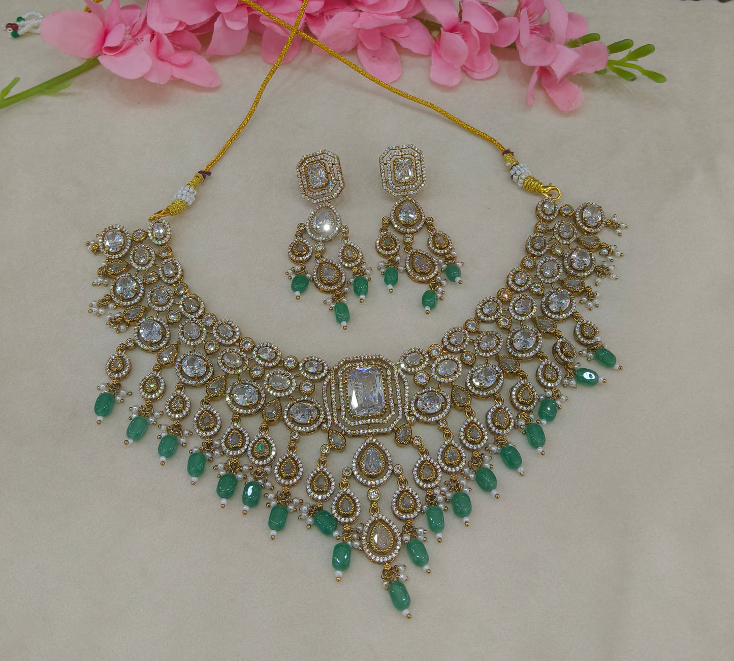 Antique Gold Mint With White stone CZ Necklace Indian Jewellery Pvita Set