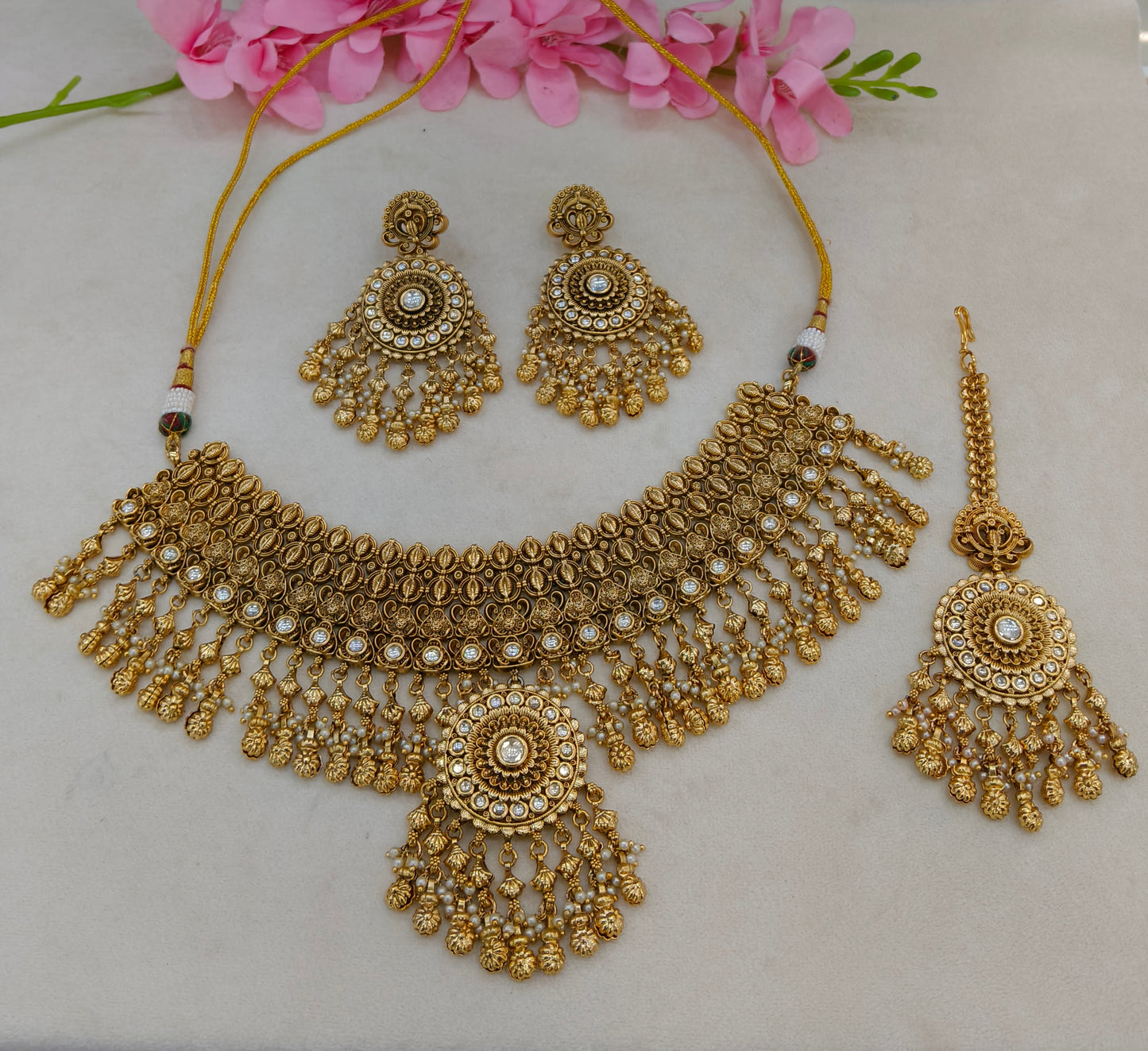 Gold Polki Kundan Indian Bridal Necklace Kang Set