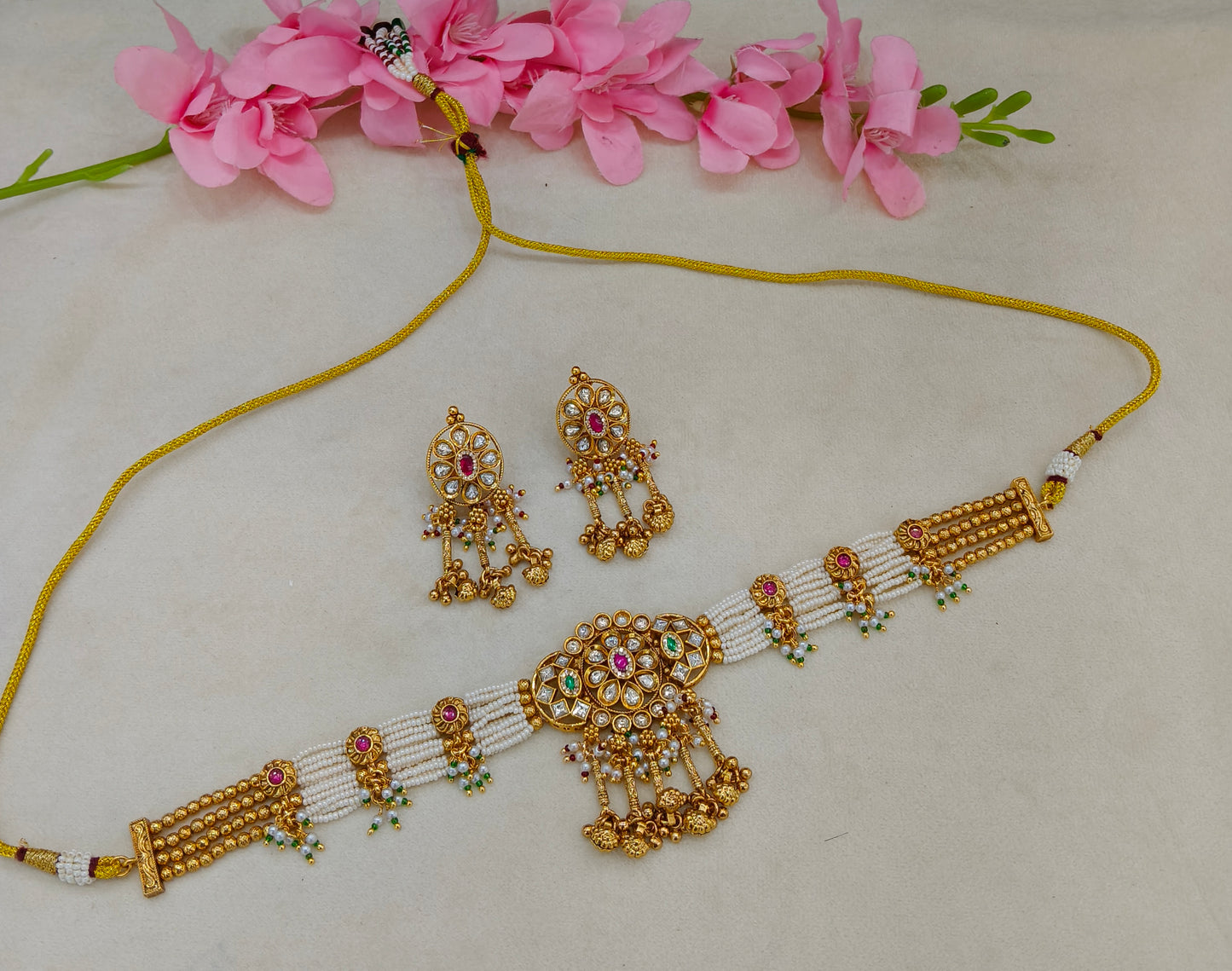 Gold Polki Ruby Green Kundan choker set/ Gold choker Noora set