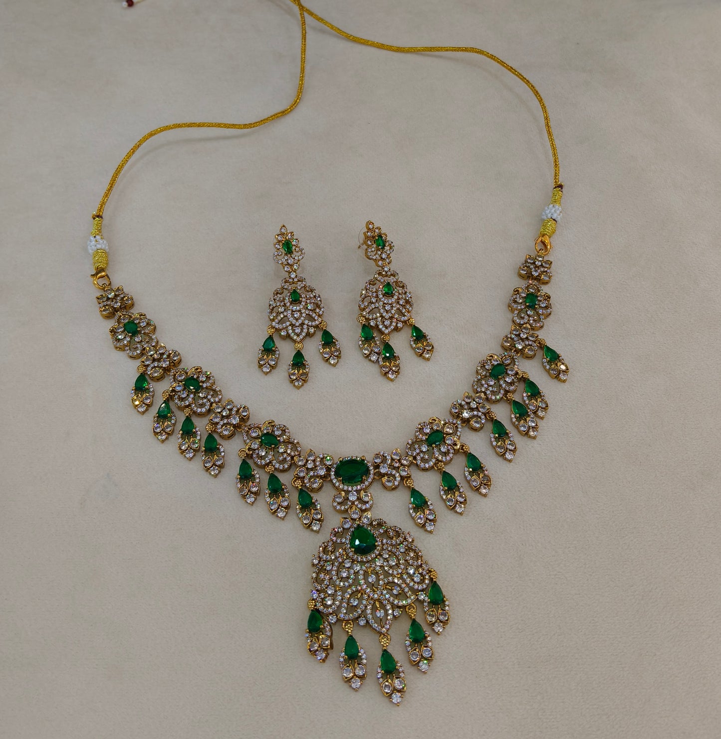 Antique Gold Green CZ Necklace Indian Jewellery Tyra Set