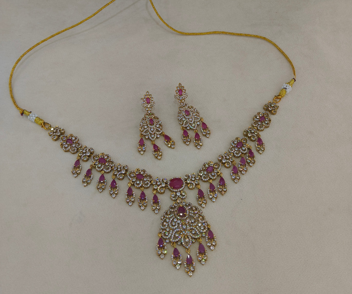 Antique Gold Majenta CZ Necklace Indian Jewellery Tyra Set
