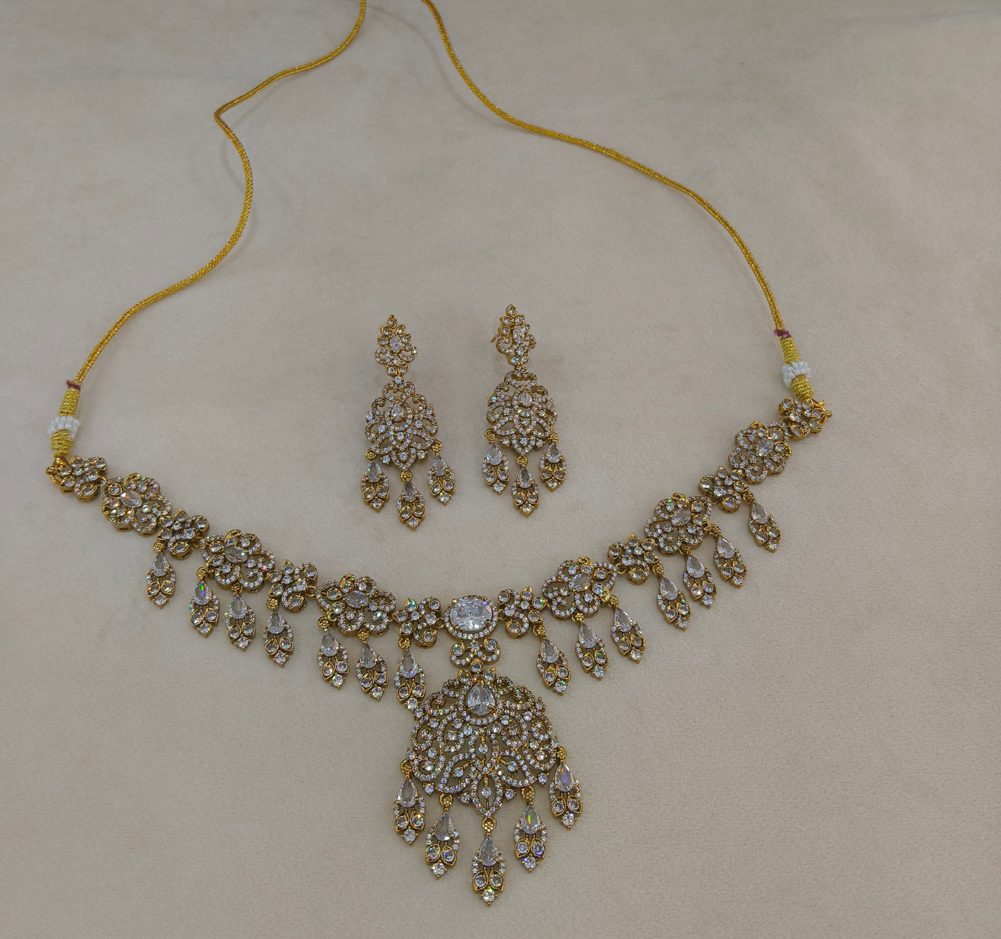 Antique Gold White CZ Necklace Indian Jewellery Beth Set