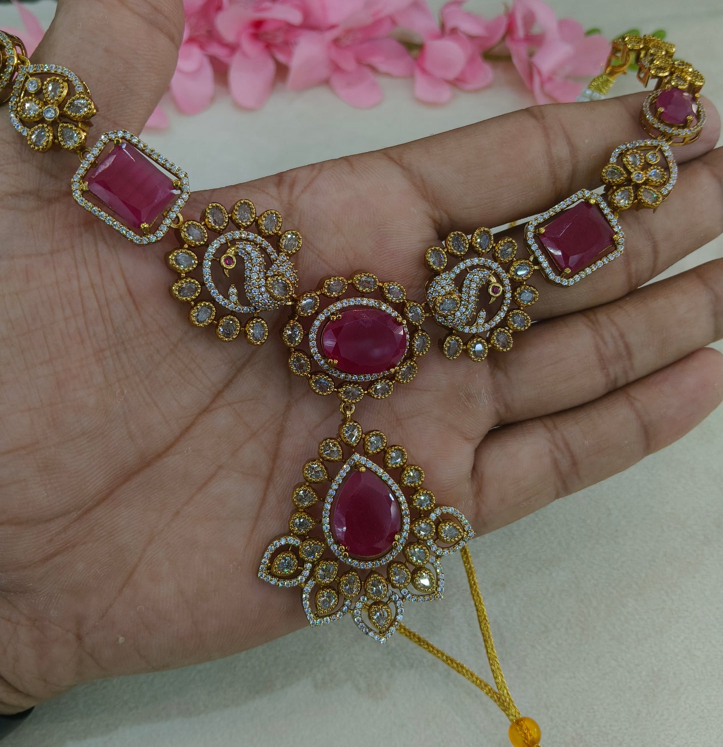 Antique Gold Ruby CZ Necklace Indian Jewellery Usha Set