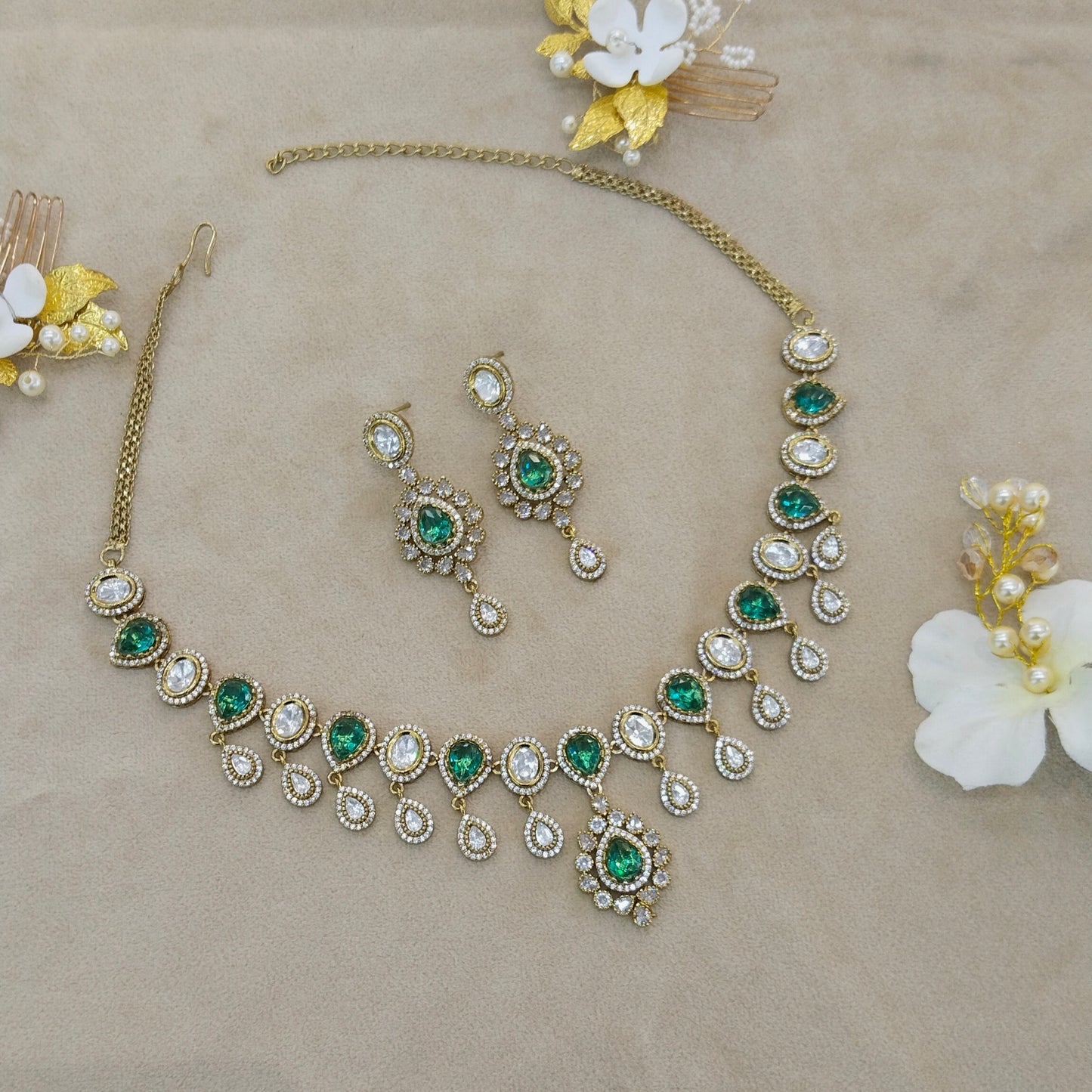 Rama Green Moissanite Kundan Necklace Jewellery Rohini Set