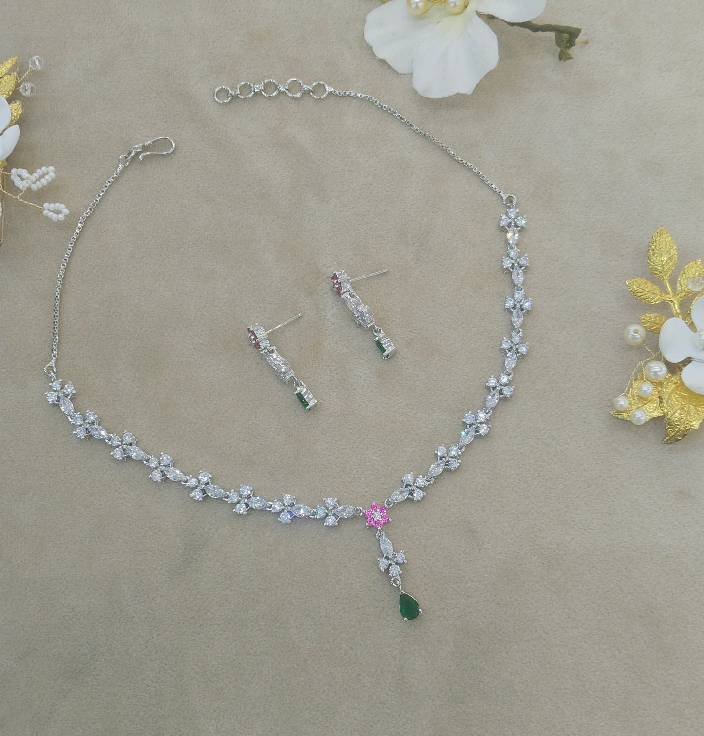 Silver Ruby Green CZ Stone Necklace indian Jewellery Sheet Set