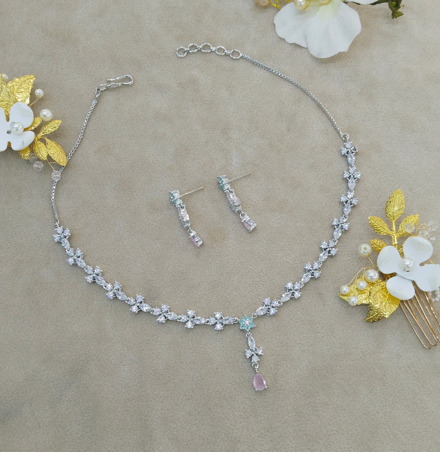 Silver Mint Pink CZ Stone Necklace indian Jewellery Sheet Set