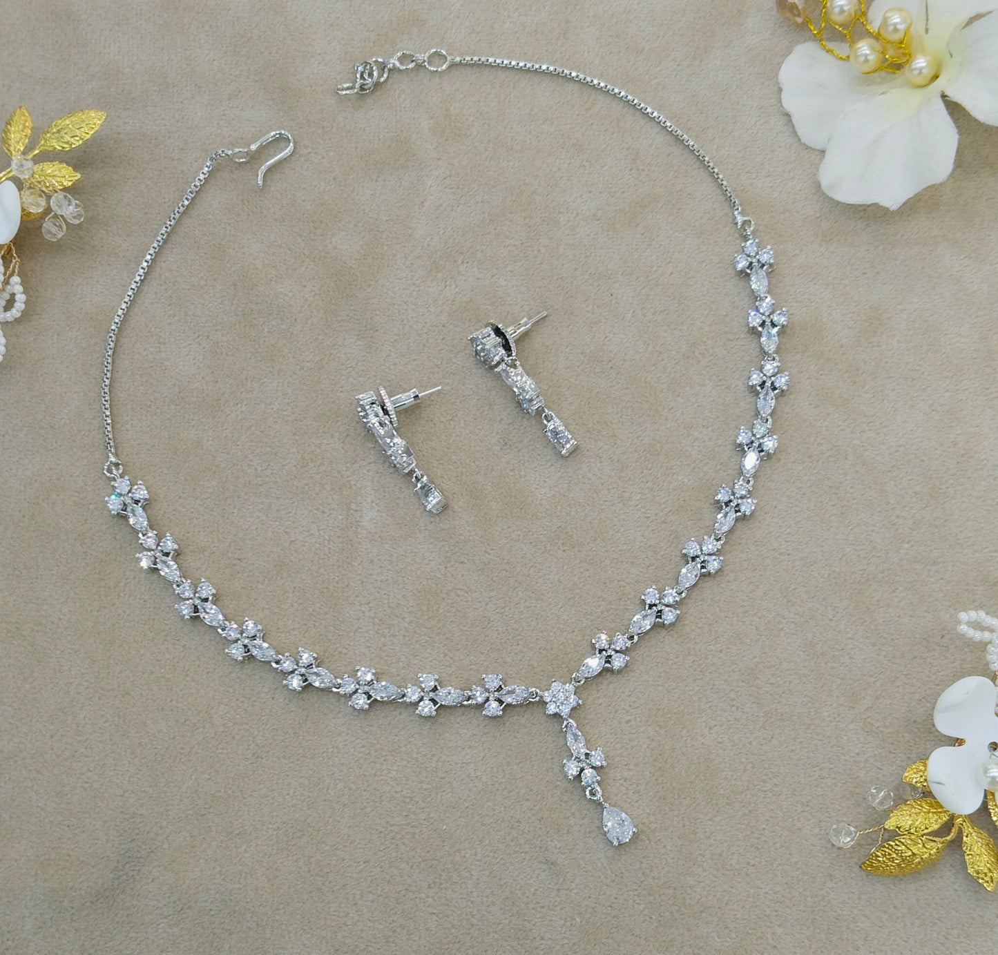 Silver CZ Stone Necklace indian Jewellery Sheet Set