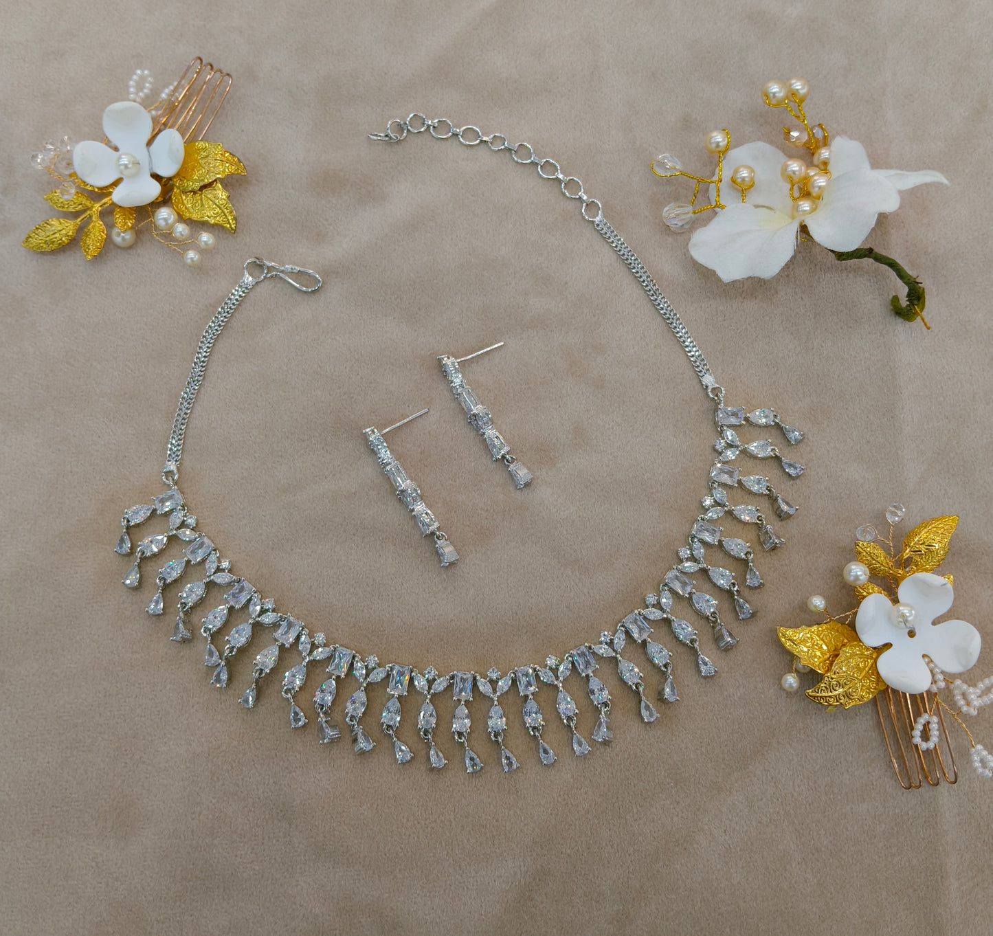 Silver American Diamond AD Necklace Anaira Set