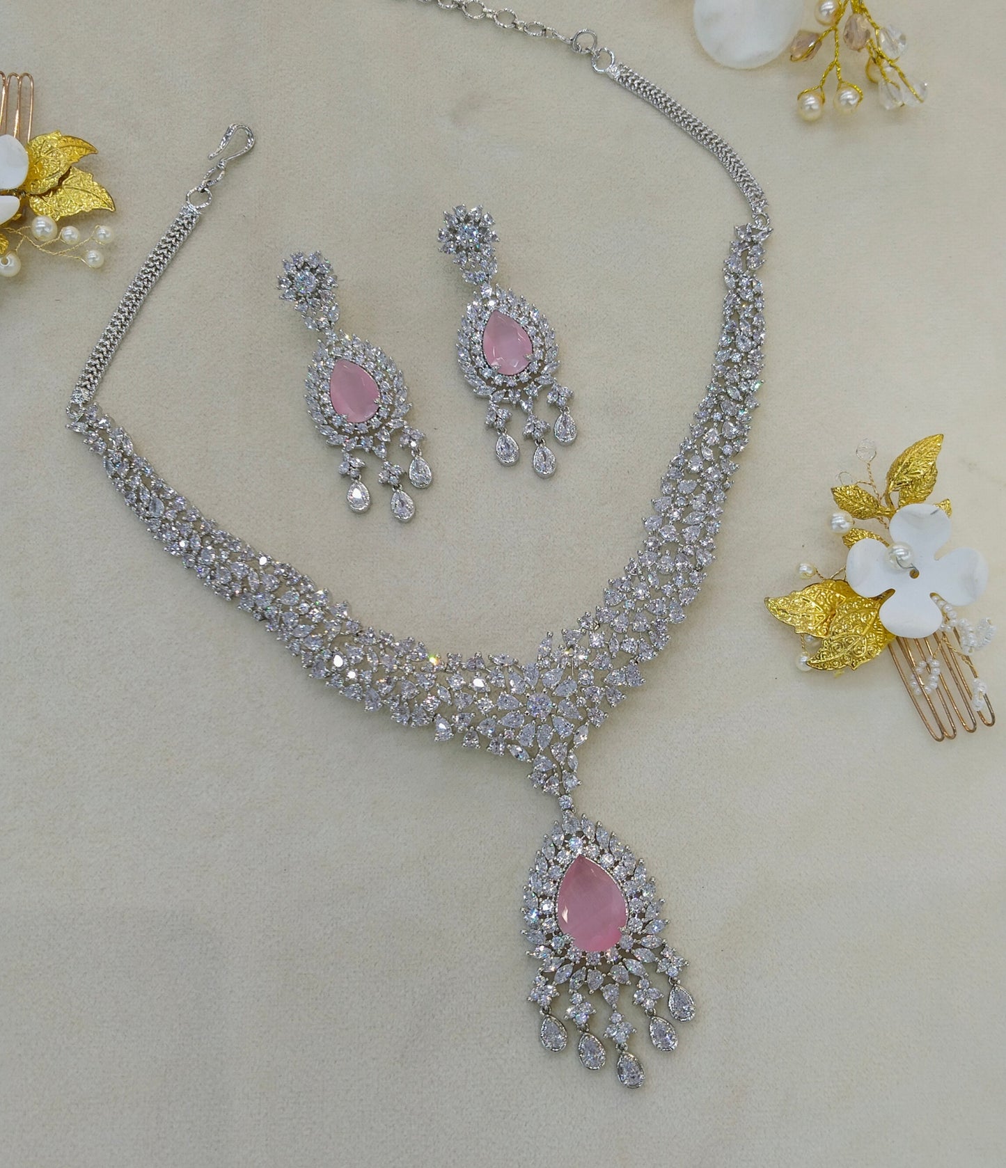 Silver Pink American Diamond AD Necklace Ekjot Set