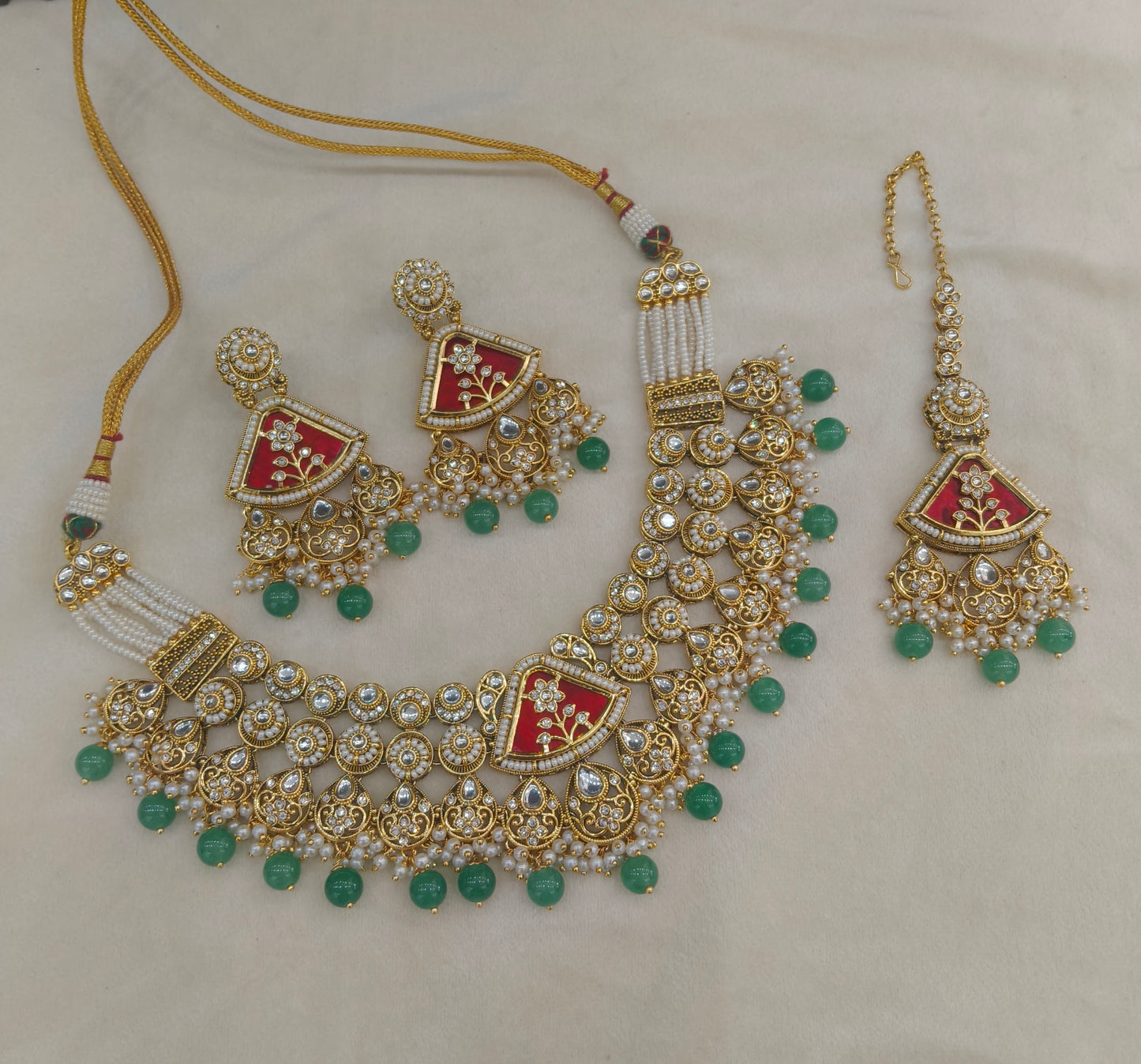 Gold Ruby Sage Green Kundan necklace Set/ kundan Indian jewellery kundan Zina sets