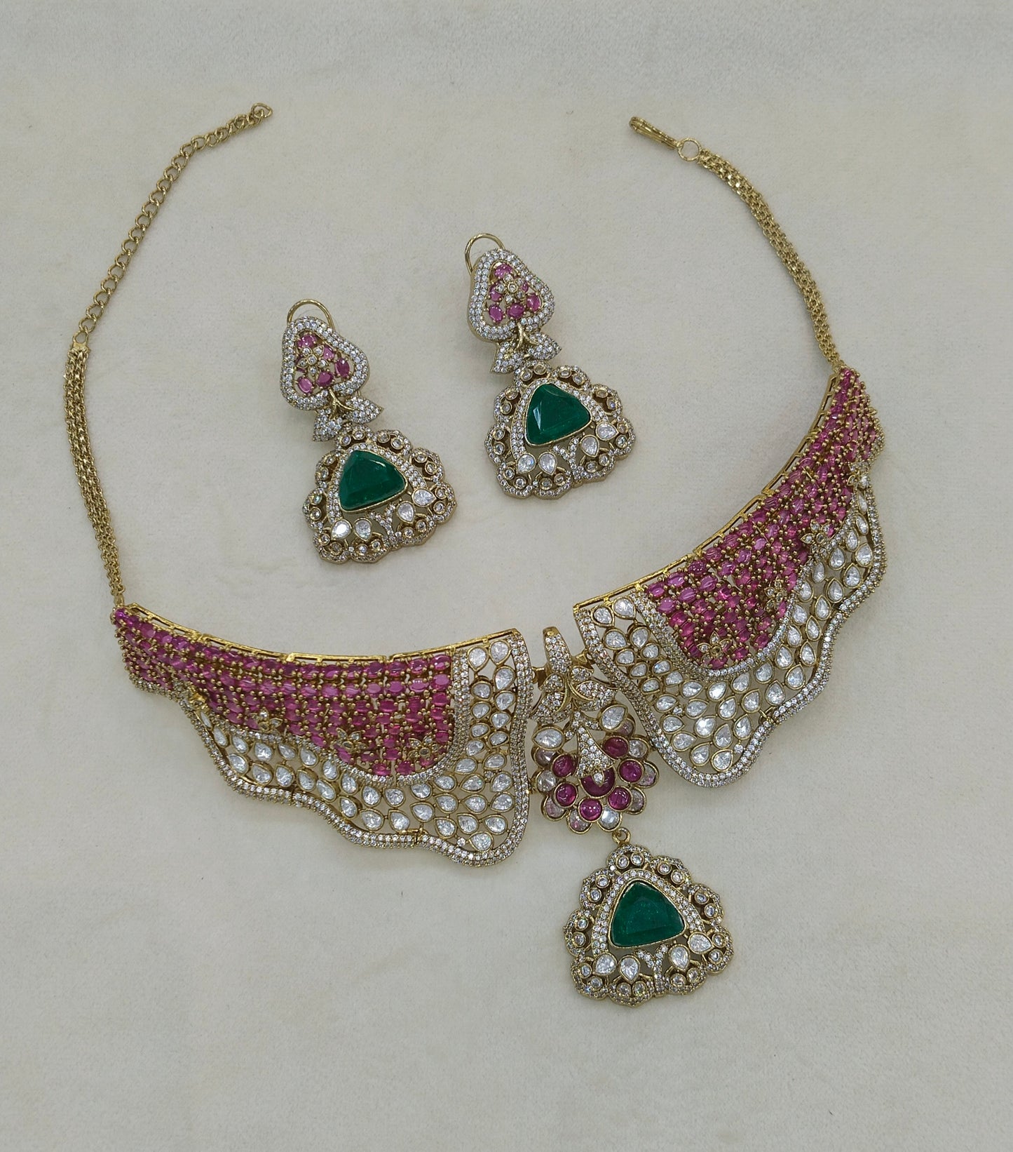 Antique Ruby Green Moissanite Kundan Cz Stone Necklace Jewellery Ishita Set