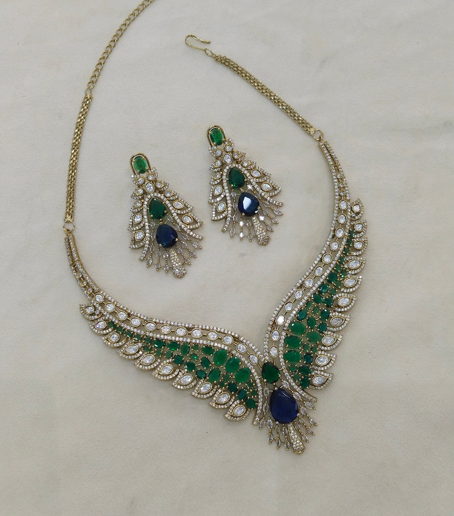 Antique Green Blue Moissanite Kundan Cz Stone Necklace Jewellery Riya Set