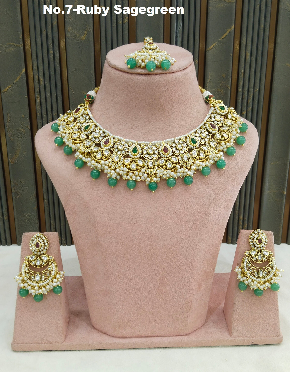 Ruby Sagegreen Kundan necklace Set/ Indian jewellery kundan Zori sets